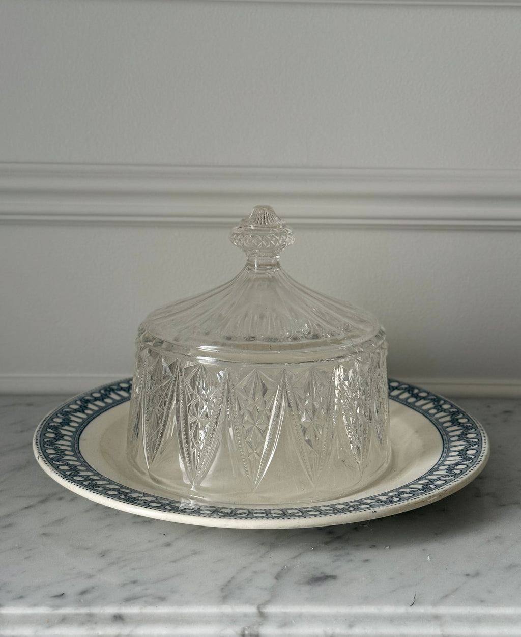 1930s French art deco glass cheese cloche and French transferware plate