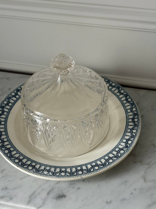 1930s French art deco glass cheese cloche and French transferware plate