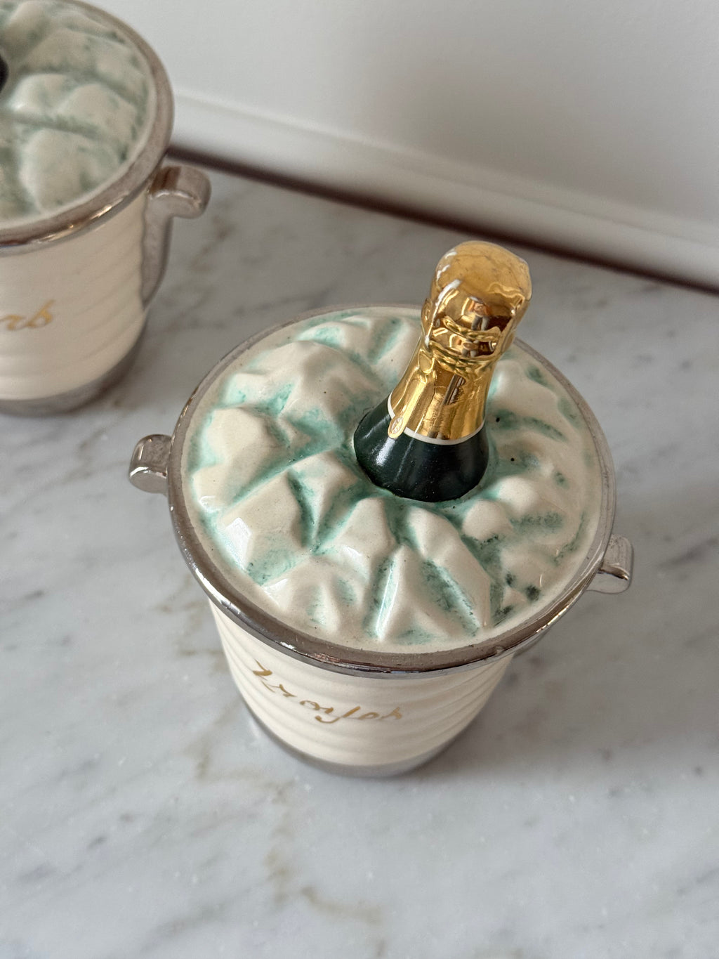 rare 1950s French porcelain souvenir "champagne bucket" condiment jar