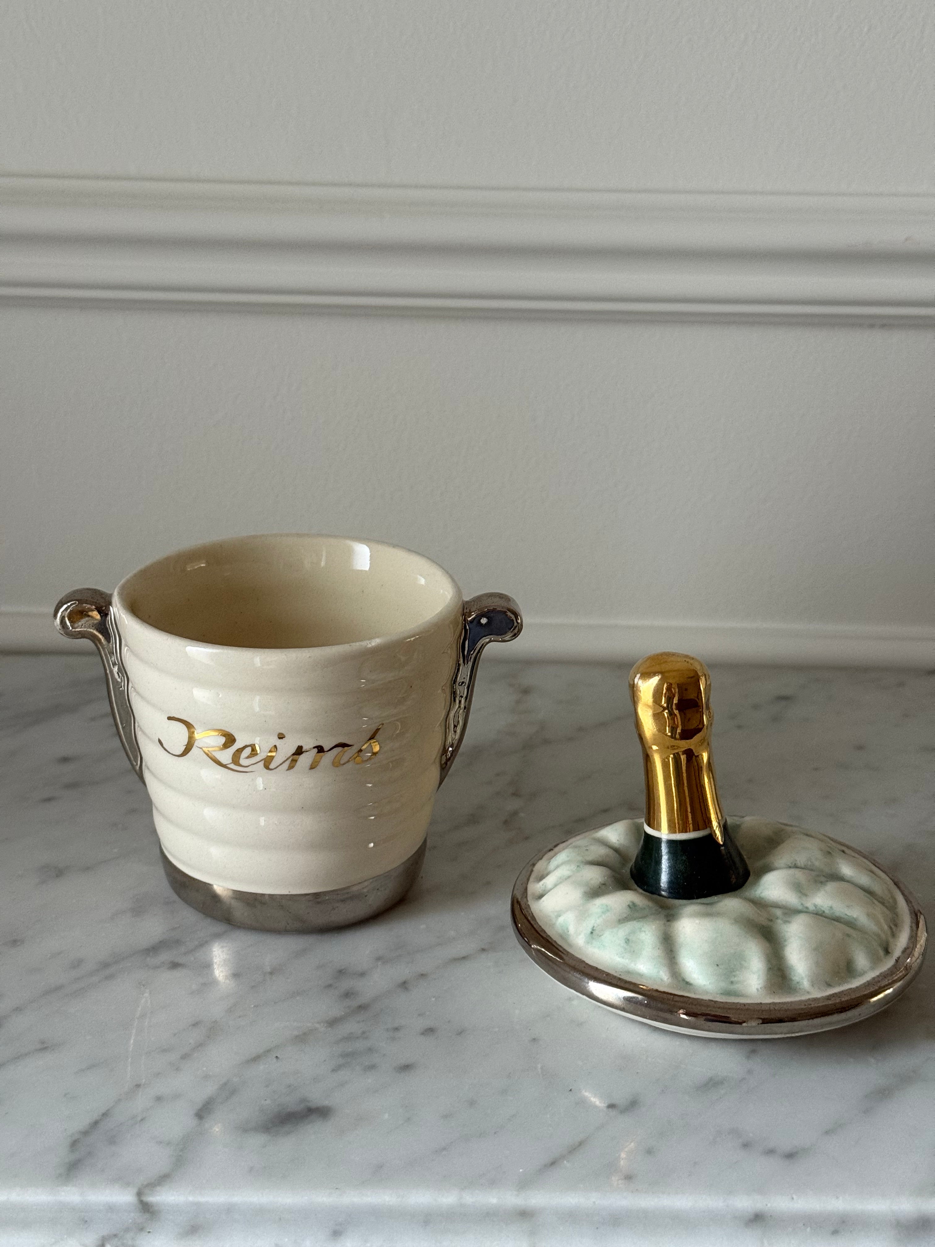 rare 1950s French porcelain souvenir "champagne bucket" condiment jar