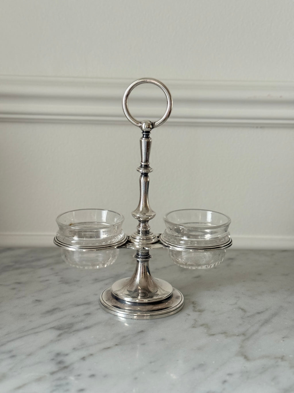turn of the century Christofle silverplate double salt cellar with cut-glass inserts and bone salt spoon