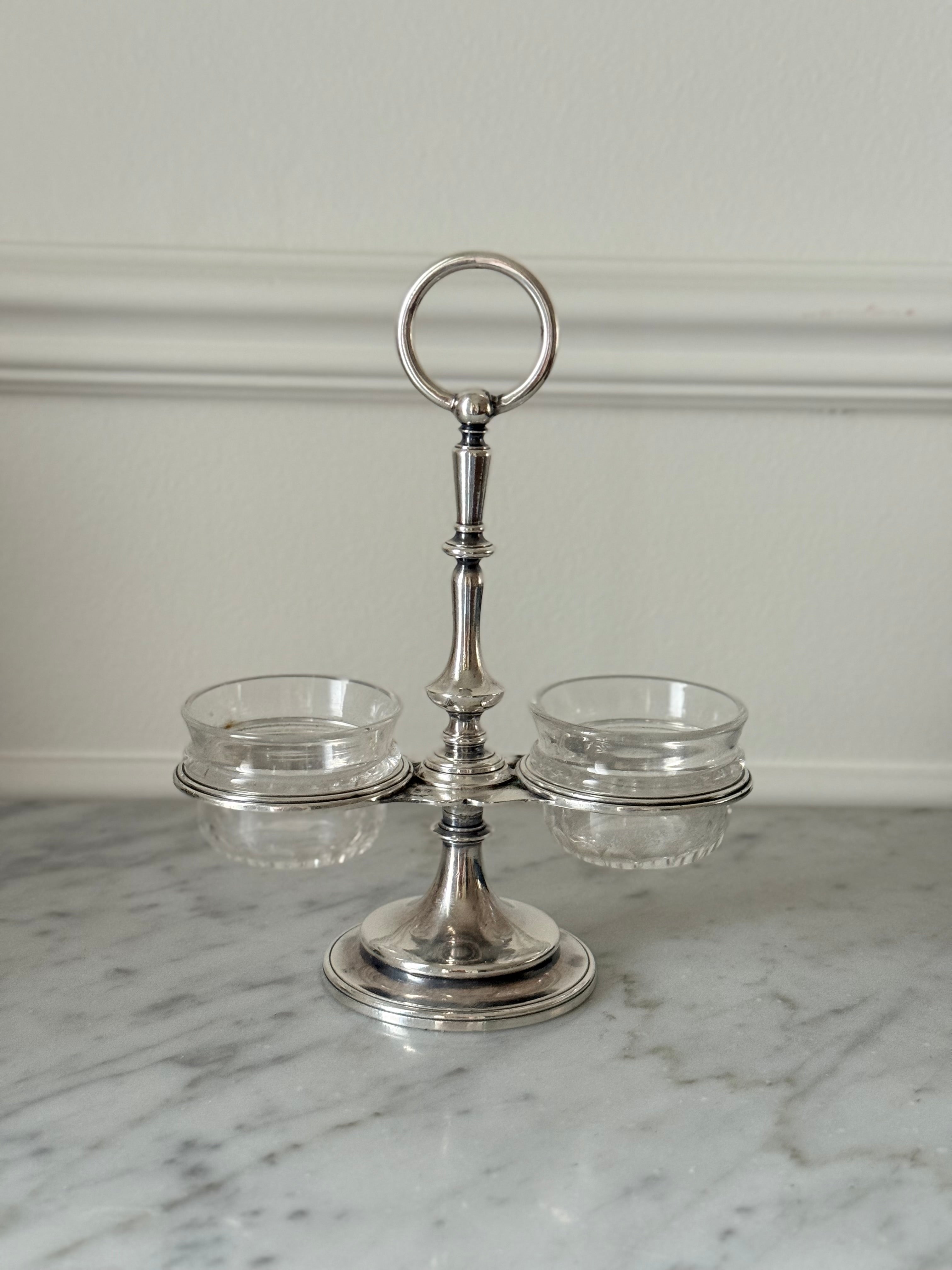 turn of the century Christofle silverplate double salt cellar with cut-glass inserts and bone salt spoon