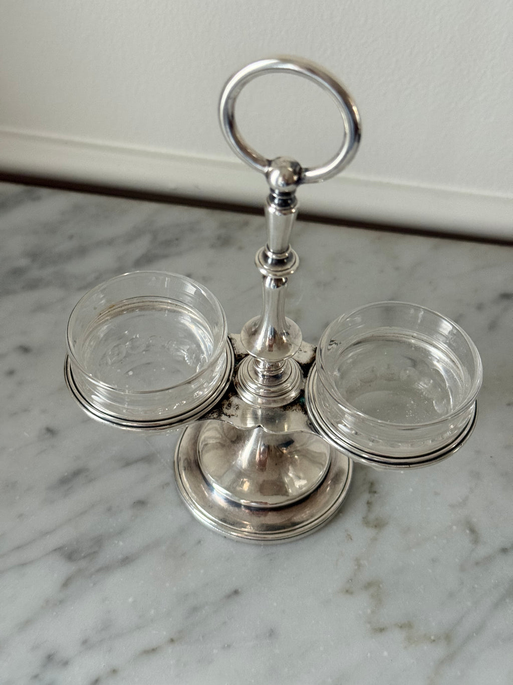 turn of the century Christofle silverplate double salt cellar with cut-glass inserts and bone salt spoon