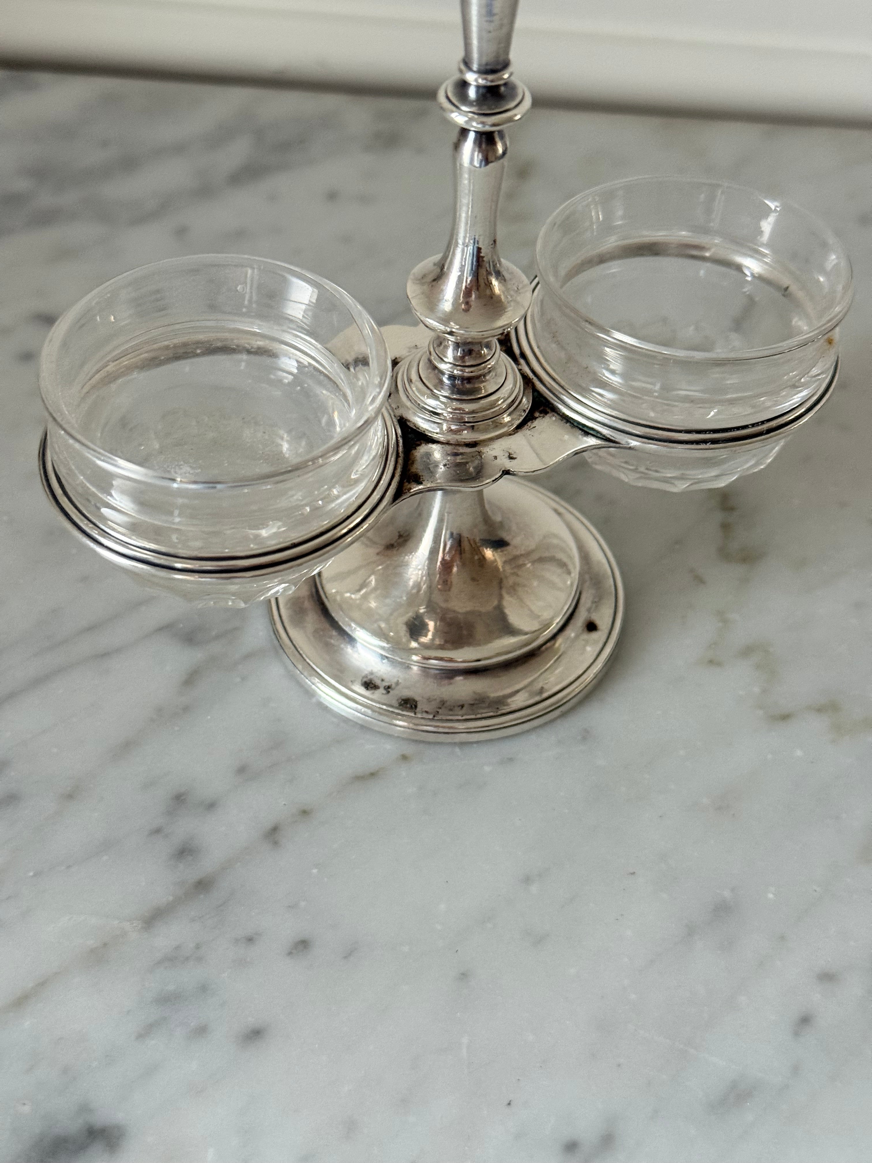 turn of the century Christofle silverplate double salt cellar with cut-glass inserts and bone salt spoon
