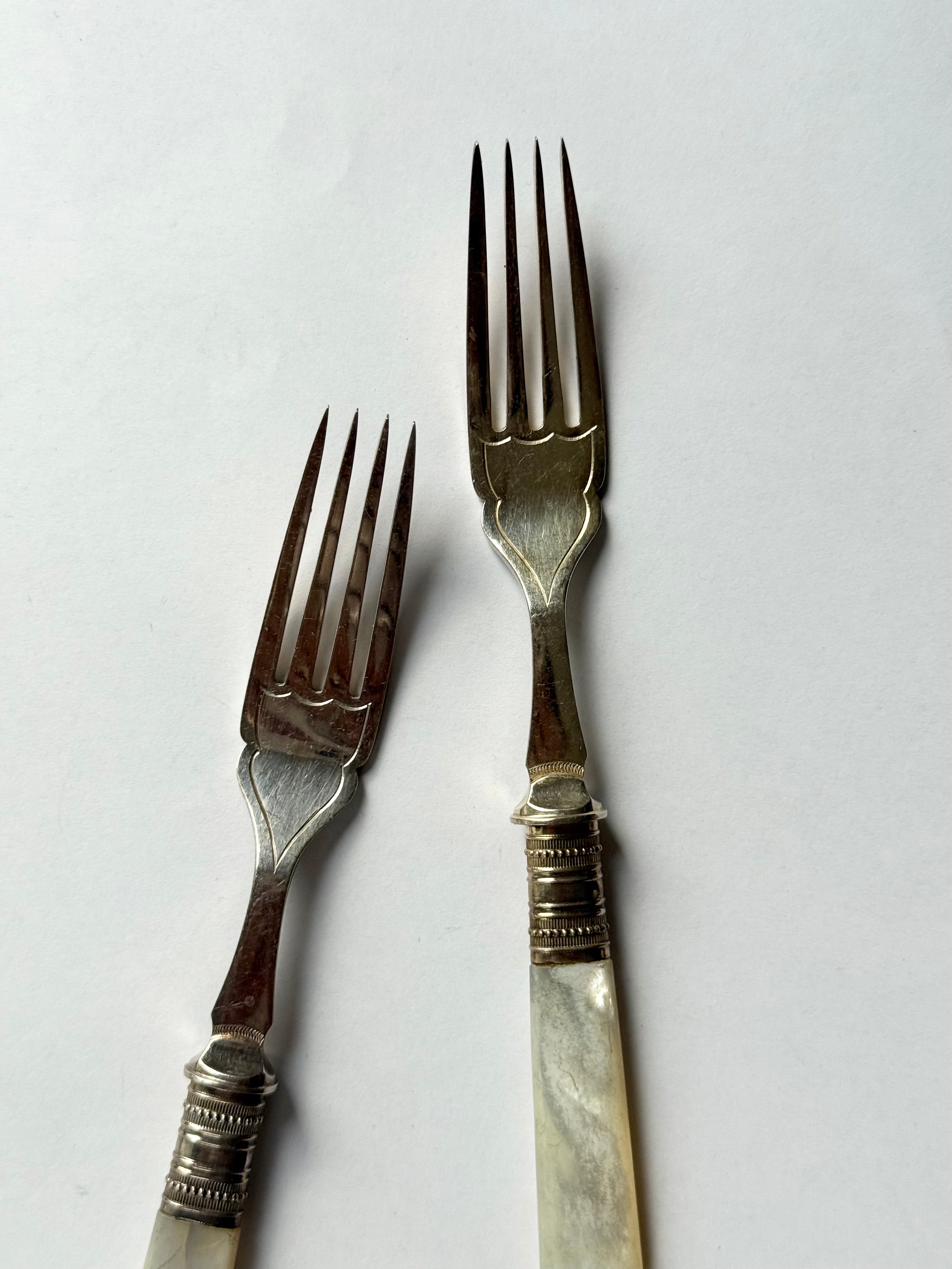 turn of the century English mother of pearl and silver plate fruit & dessert set, complete set of 12