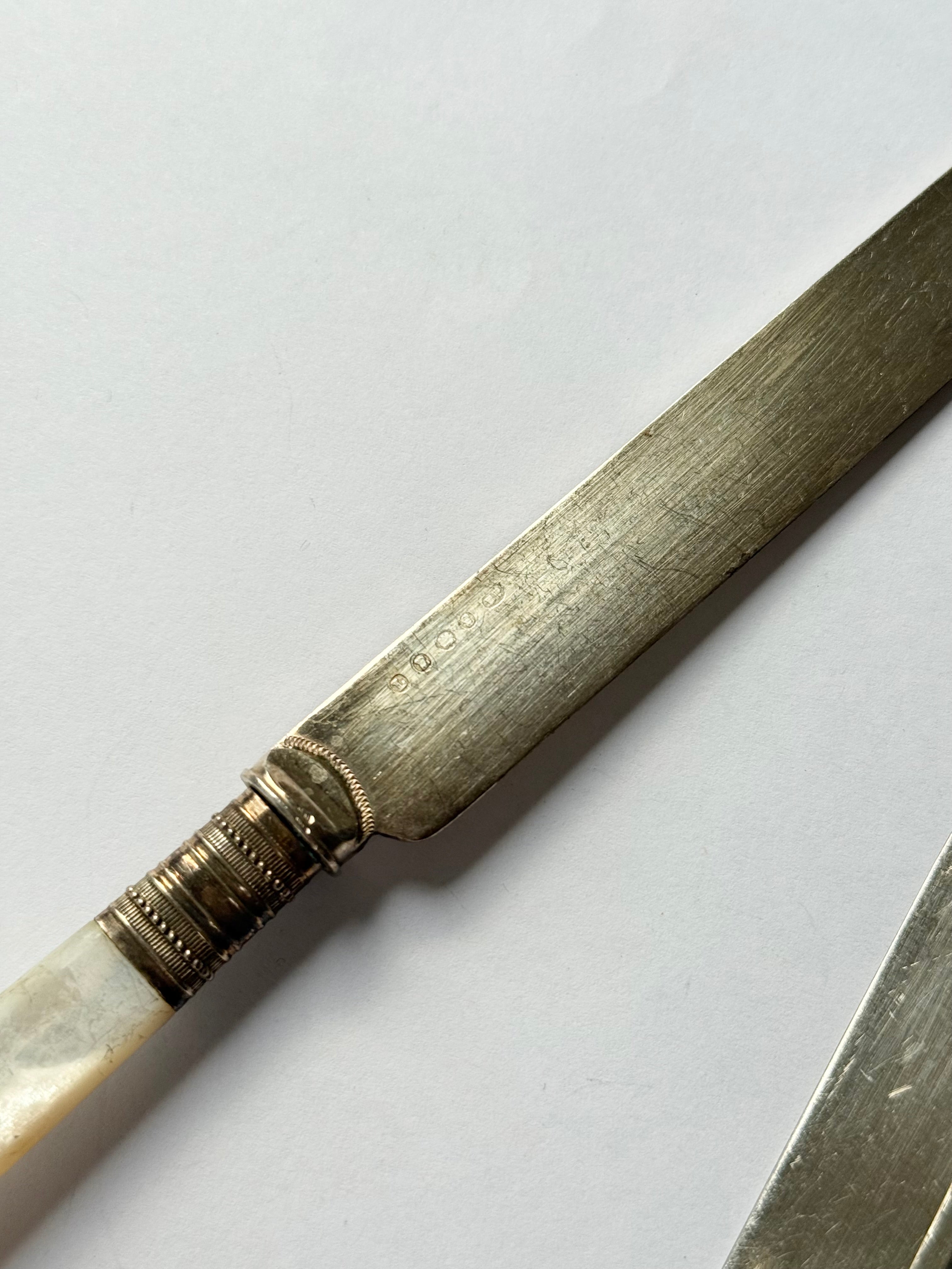 turn of the century English mother of pearl and silver plate fruit & dessert set, complete set of 12