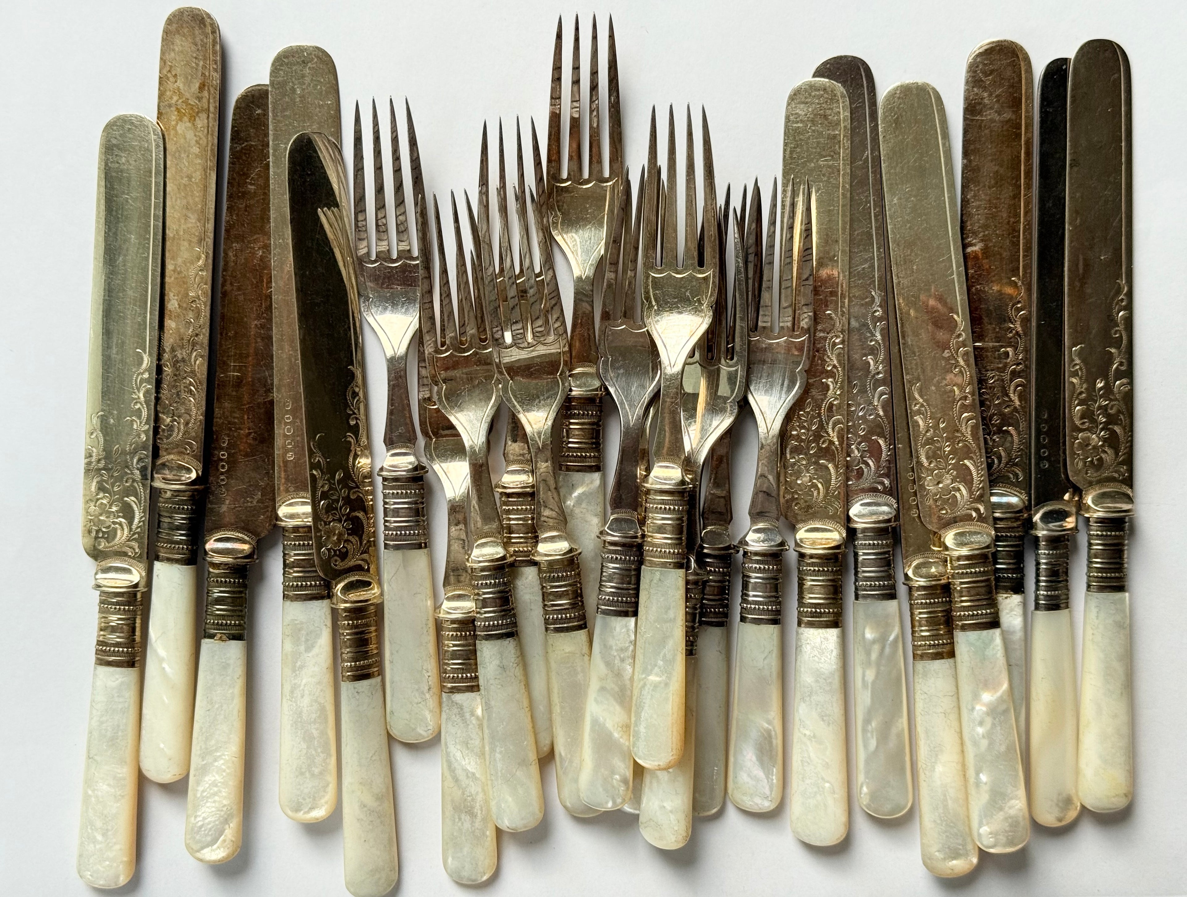 turn of the century English mother of pearl and silver plate fruit & dessert set, complete set of 12