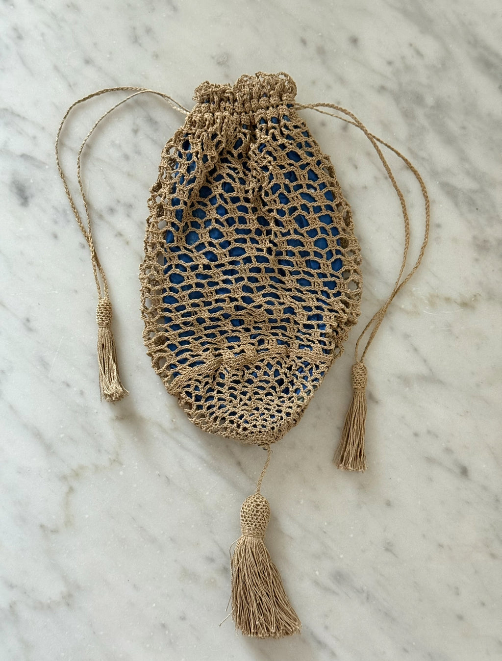 19th century French Napoleon III fine crochet cotton drawstring "aumoniere" evening bag