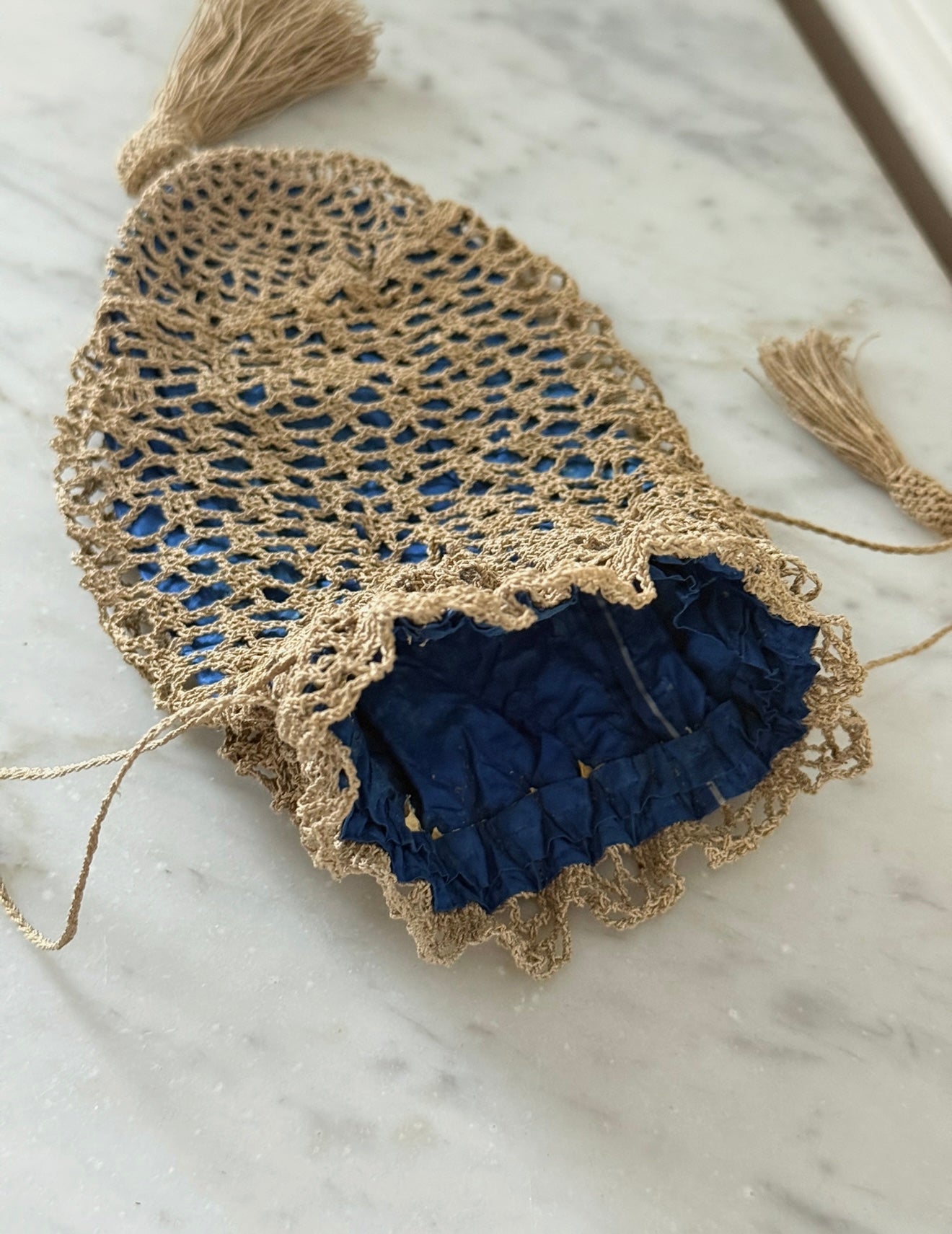 19th century French Napoleon III fine crochet cotton drawstring "aumoniere" evening bag