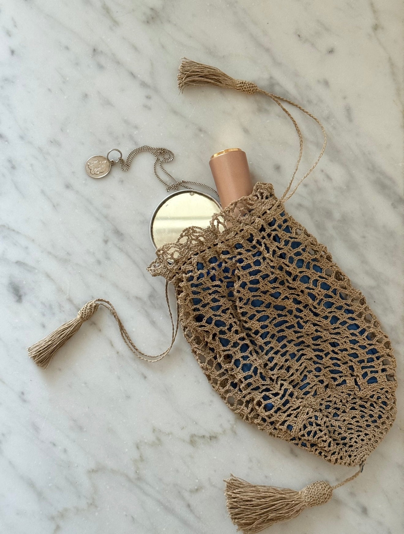 19th century French Napoleon III fine crochet cotton drawstring "aumoniere" evening bag