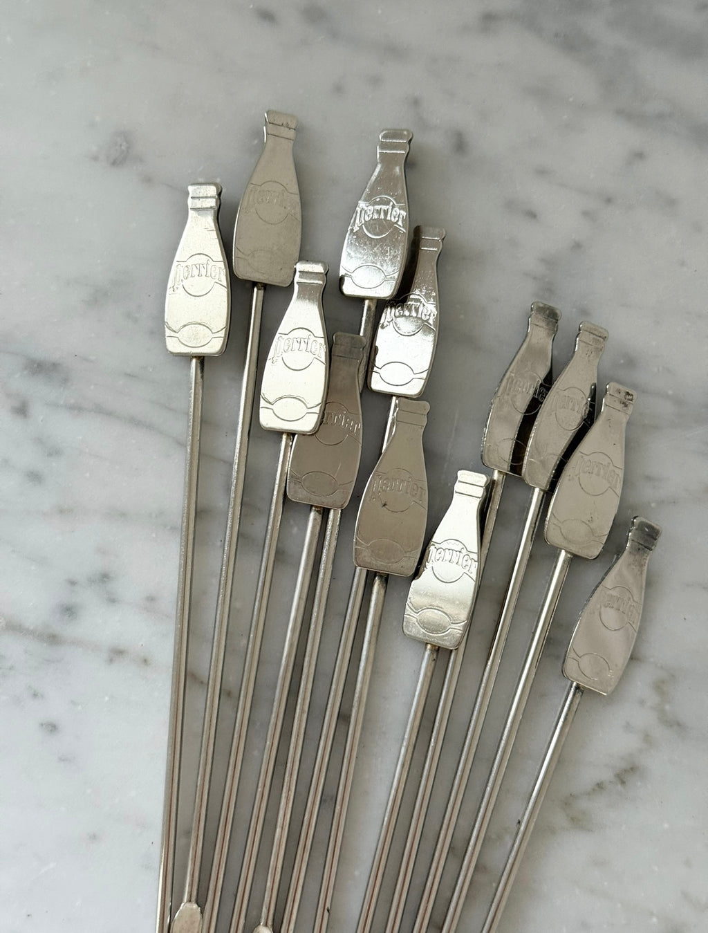 set of vintage 1970s French Perrier silver plate cocktail stirrers, set of 12