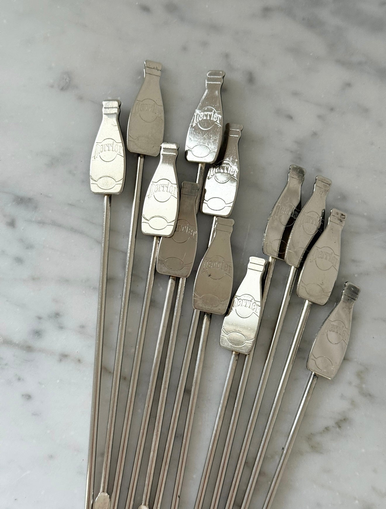 set of vintage 1970s French Perrier silver plate cocktail stirrers, set of 12
