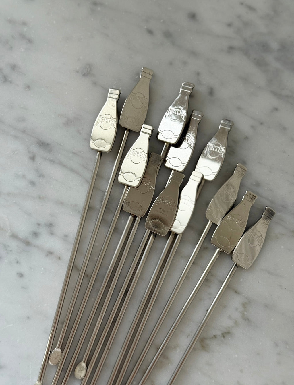 set of vintage 1970s French Perrier silver plate cocktail stirrers, set of 12