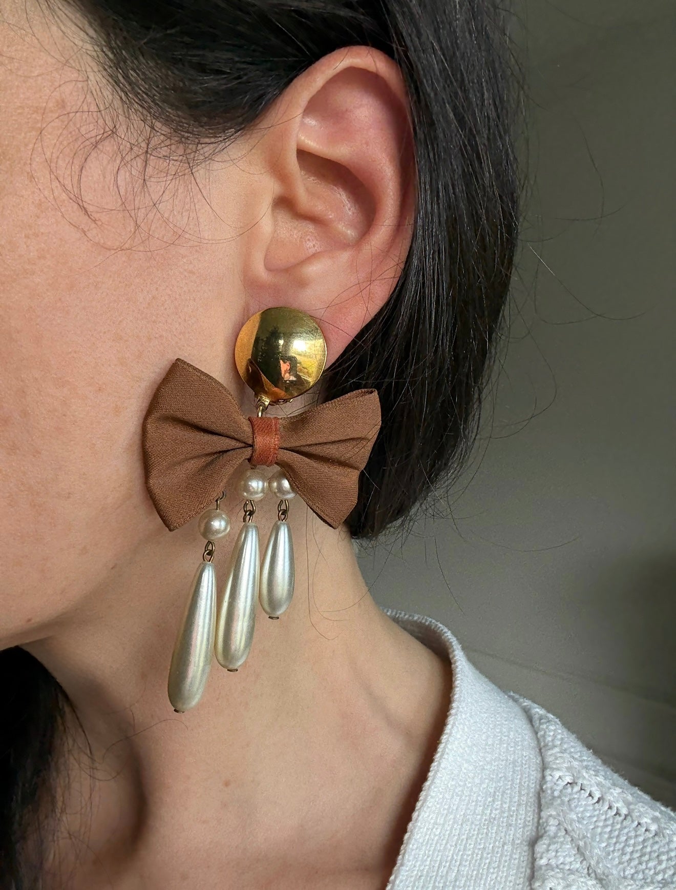 vintage French bow and pearl drop earrings