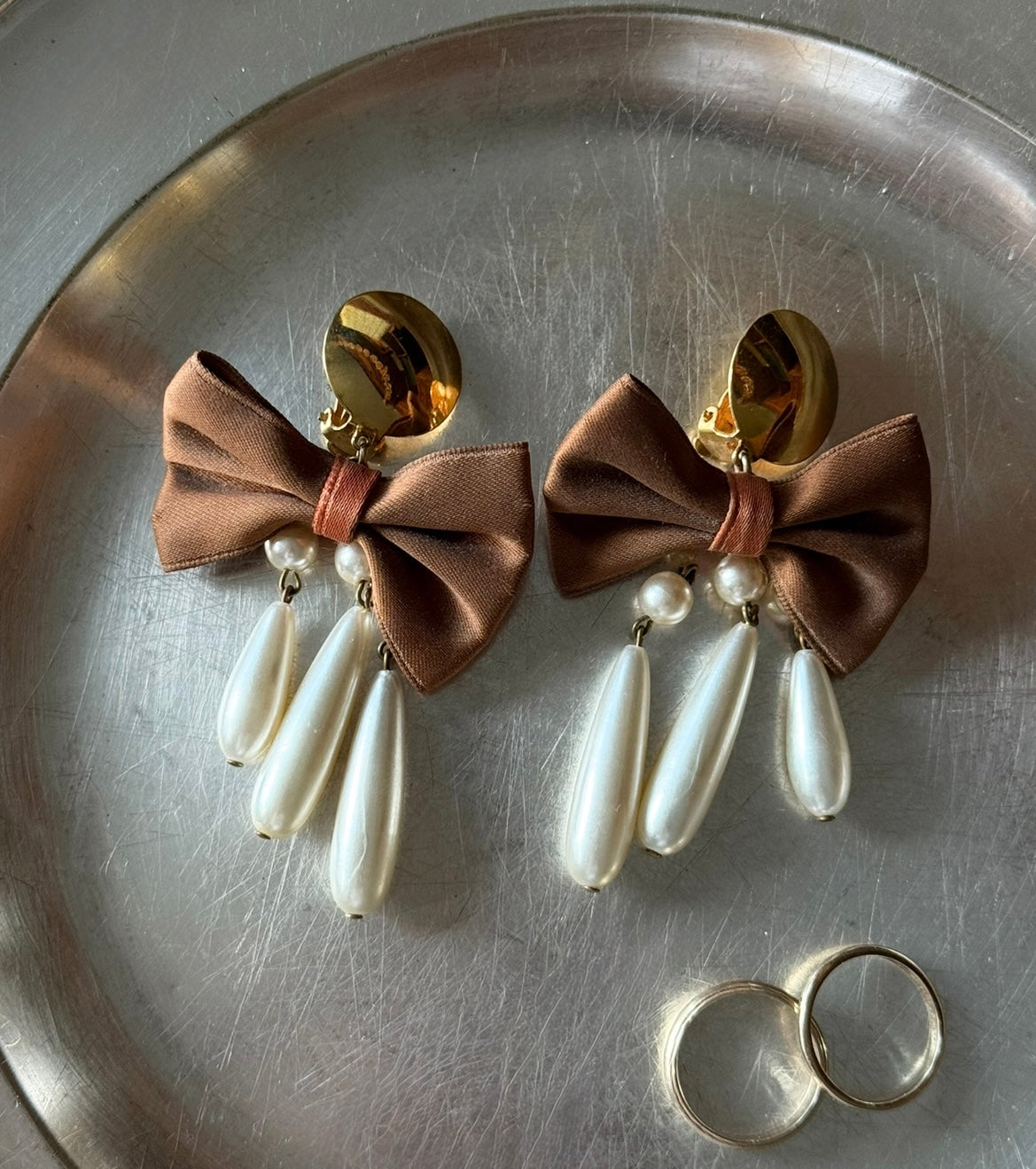 vintage French bow and pearl drop earrings