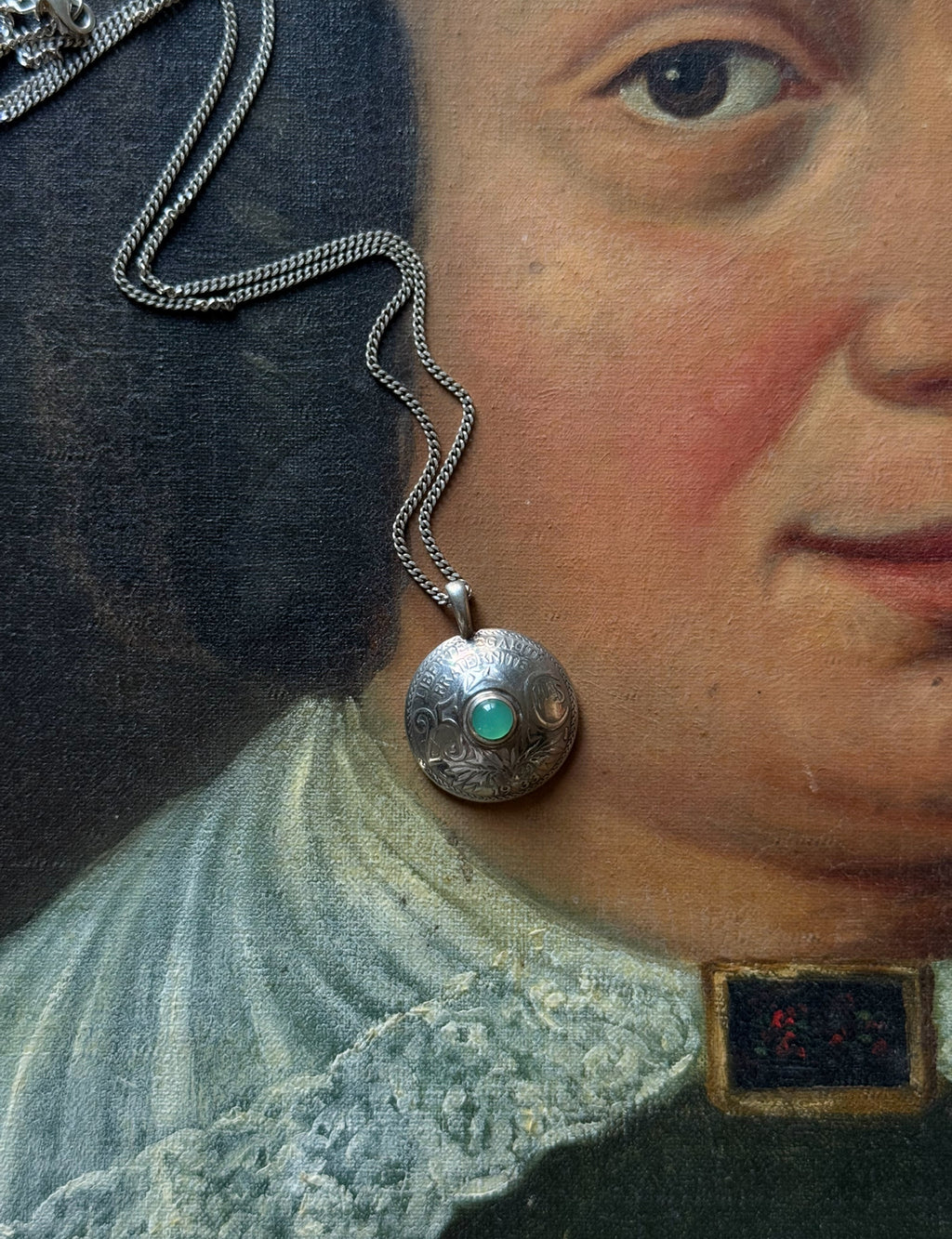 rare 1930s French bespoke folk art hand carved nickel coin "25 centimes" necklace with green cabochon