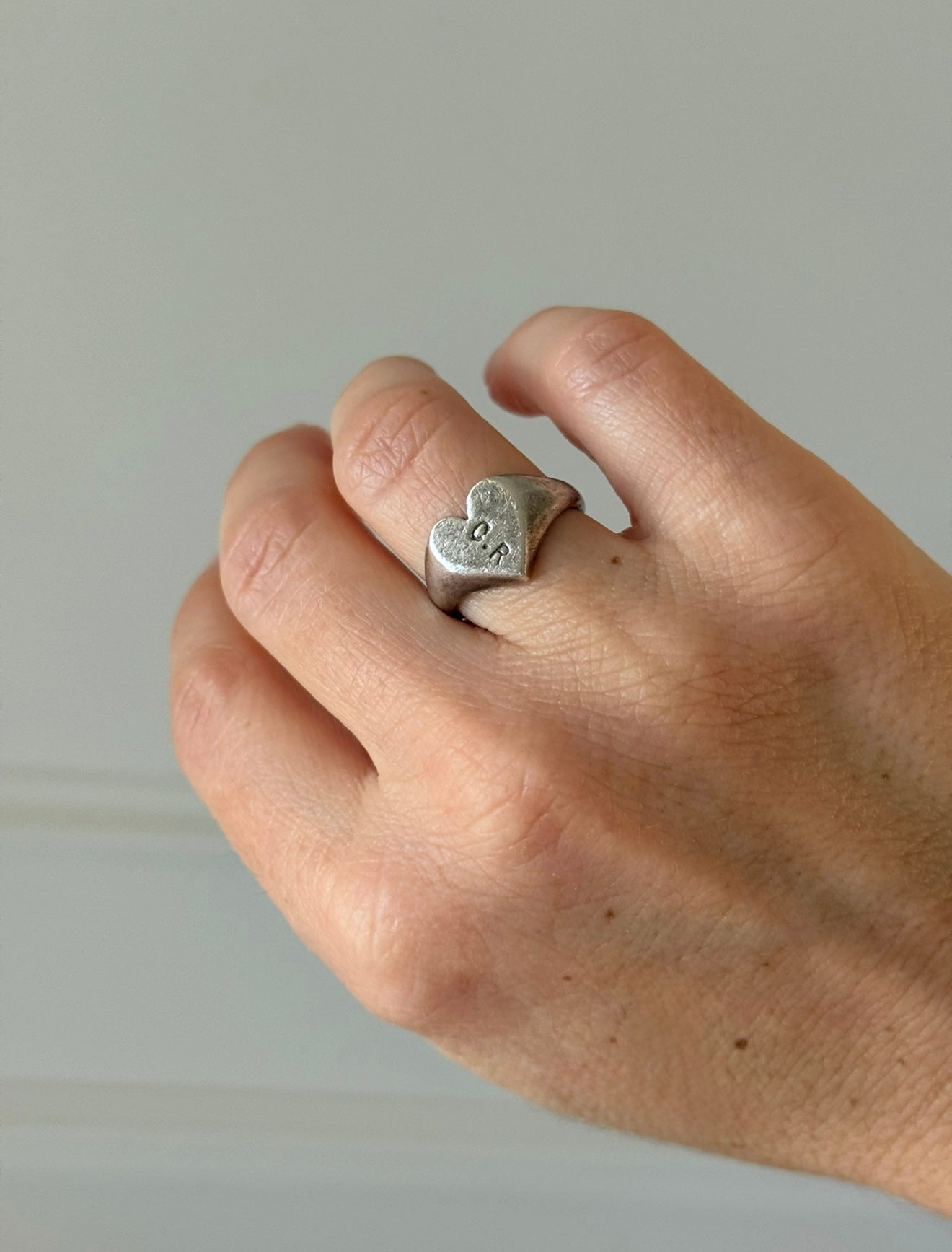 1960s French artisan silver heart signet ring — sculpted cast, stamped “CR”