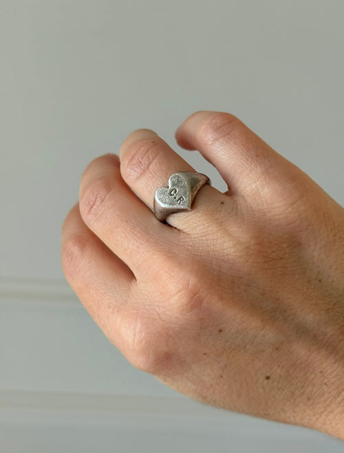 1960s French artisan silver heart signet ring — sculpted cast, stamped “CR”