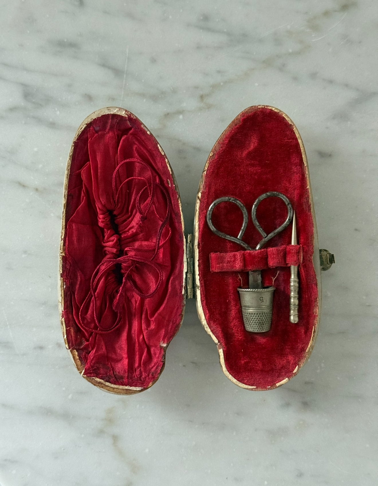 exceptionally rare 19th century French mother of pearl "necessaire de couture" sewing kit with original silk interior