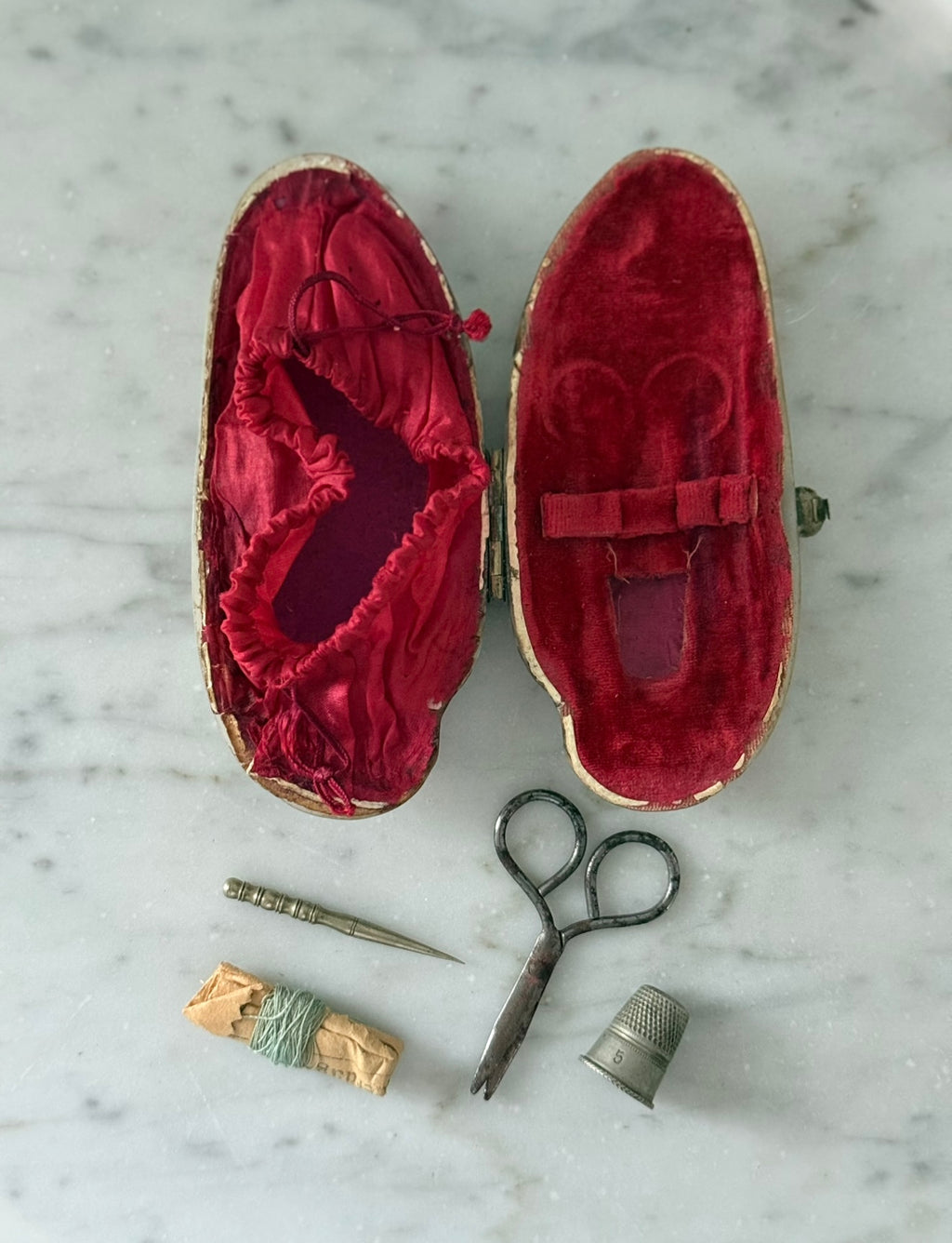 exceptionally rare 19th century French mother of pearl "necessaire de couture" sewing kit with original silk interior