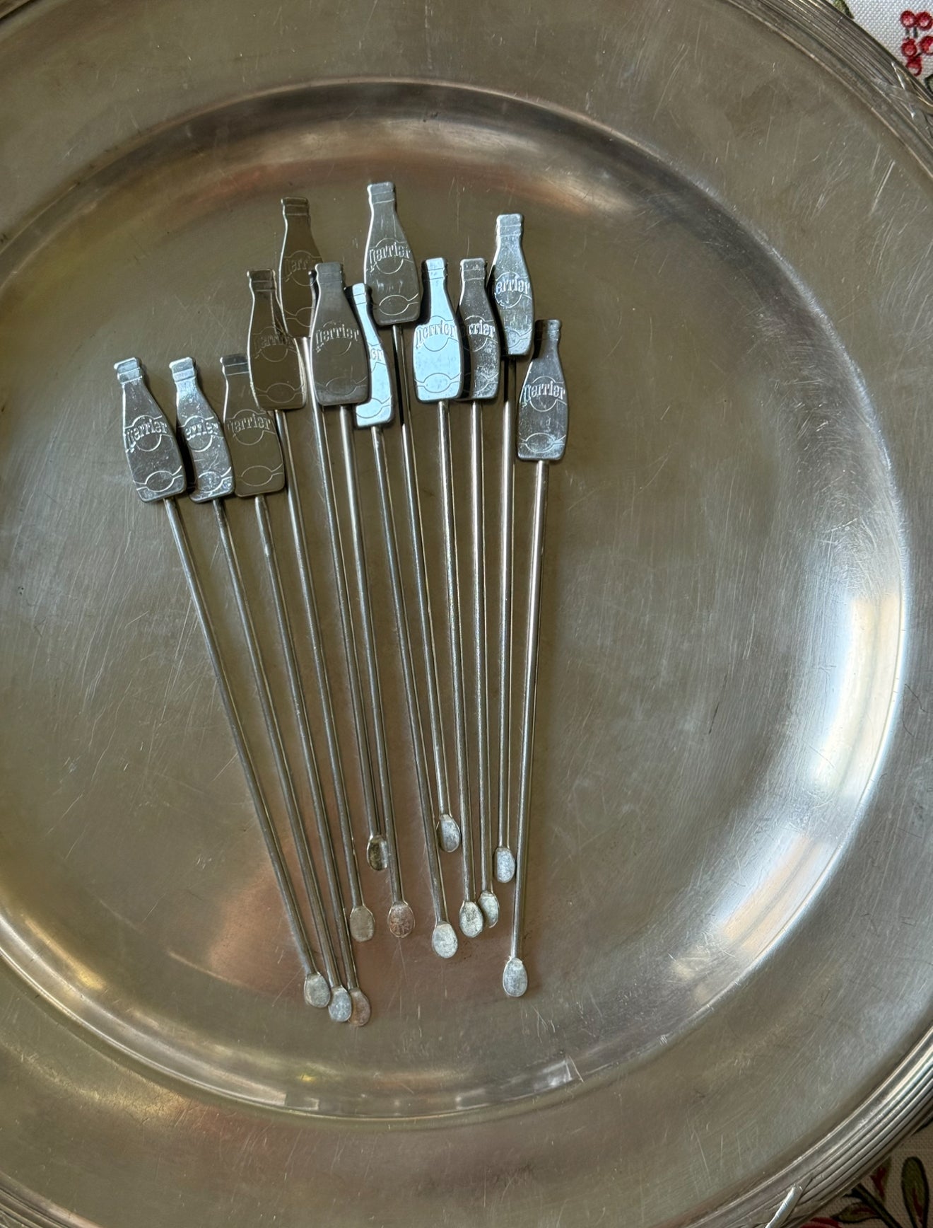 set of vintage 1970s French Perrier silver plate cocktail stirrers, set of 12