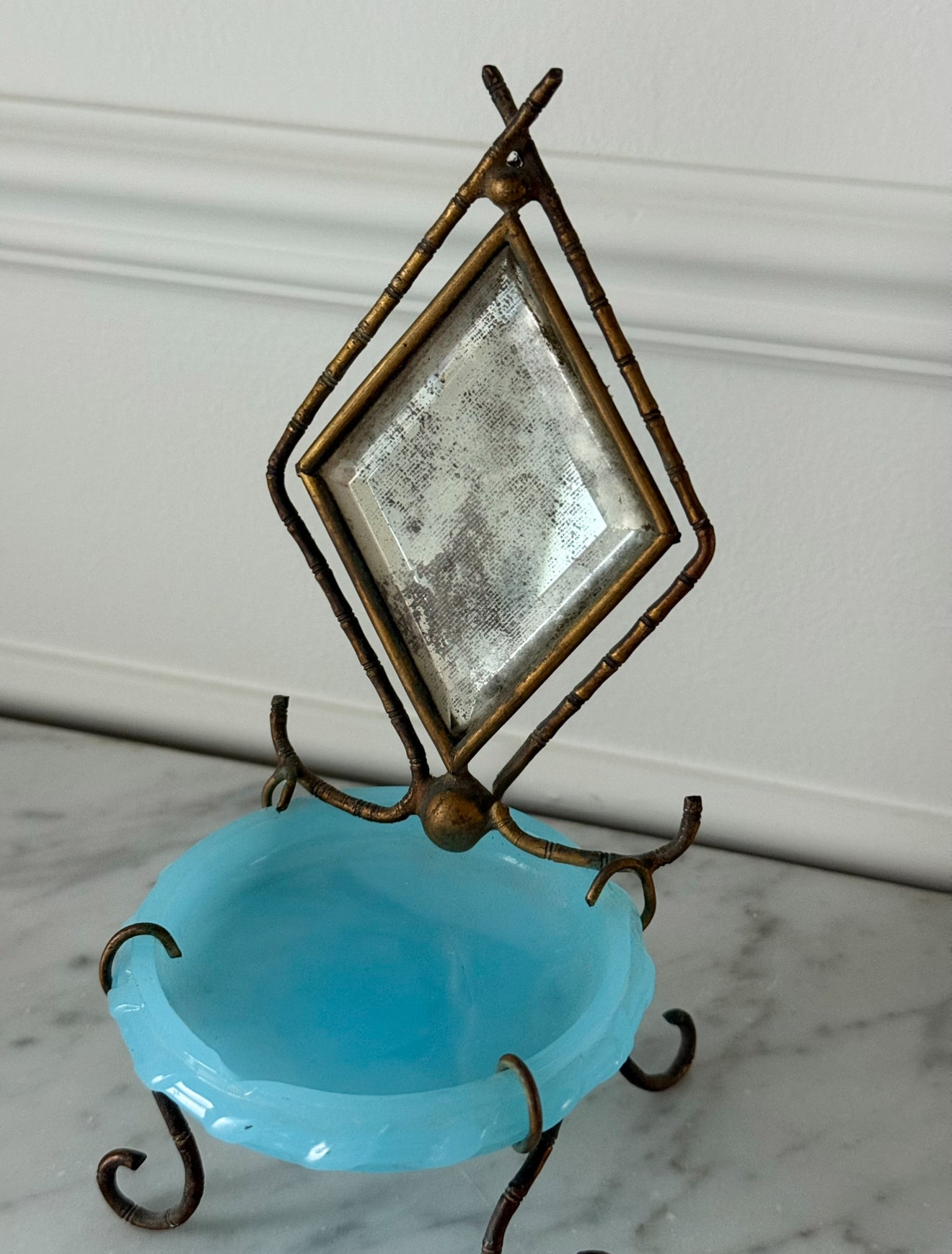 rare antique 19th century French blue opaline glass chinoiserie dressing table mirror
