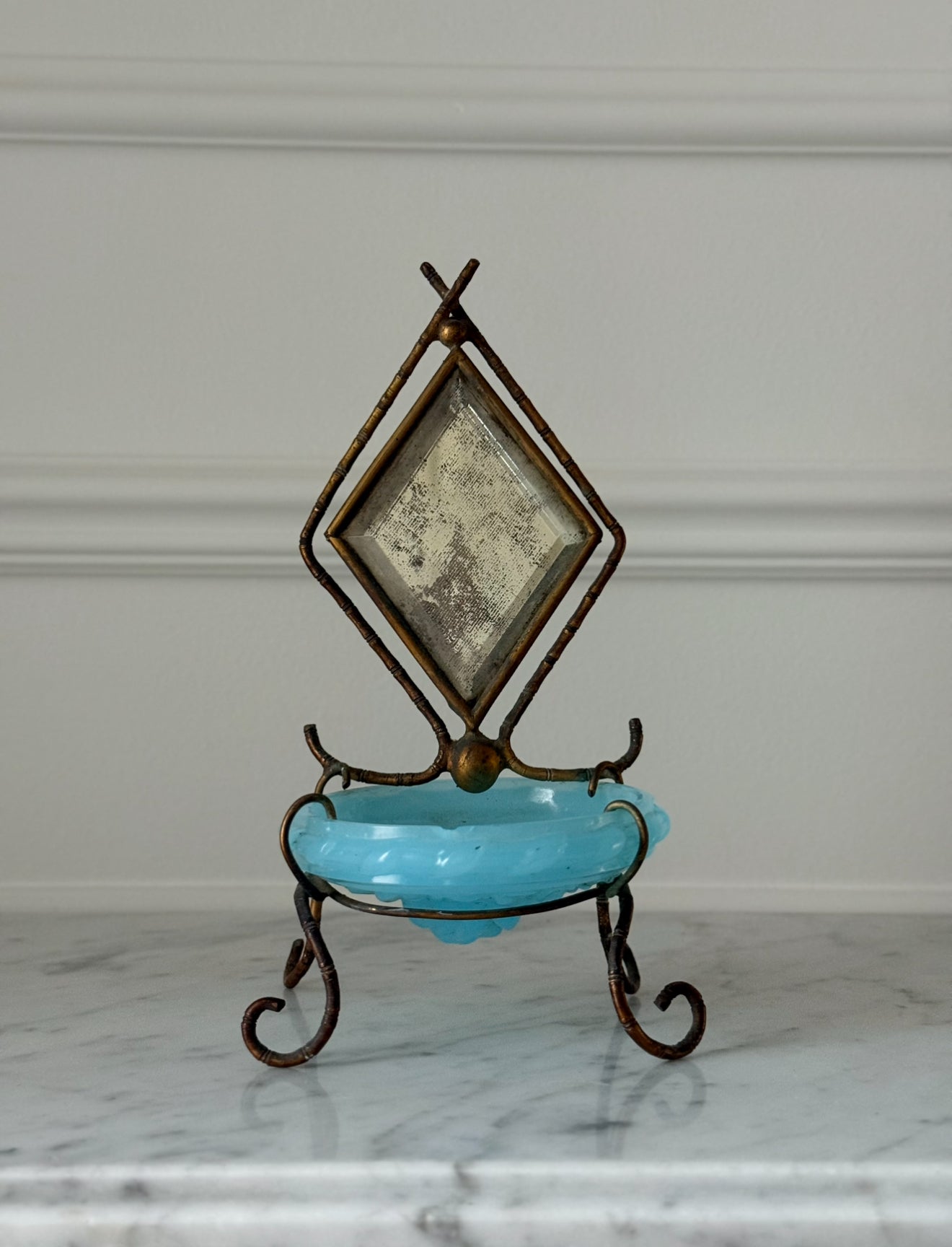 rare antique 19th century French blue opaline glass chinoiserie dressing table mirror