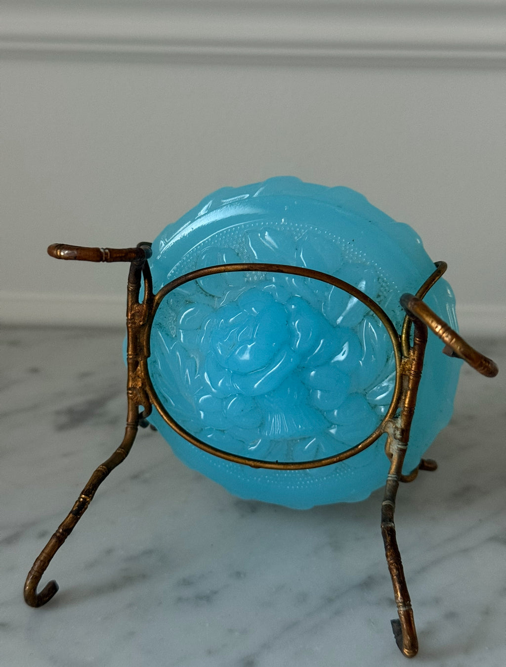 rare antique 19th century French blue opaline glass chinoiserie dressing table mirror