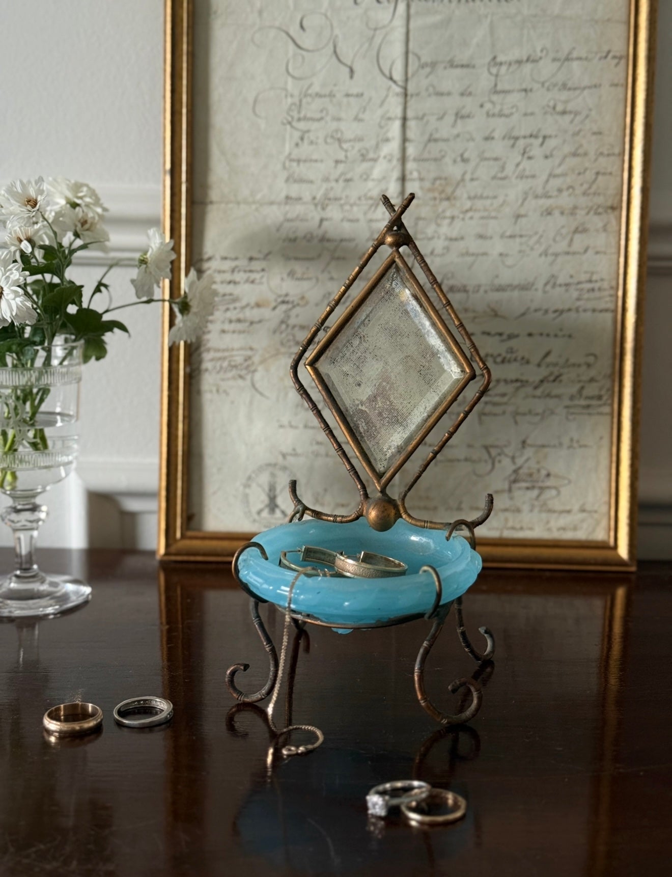 rare antique 19th century French blue opaline glass chinoiserie dressing table mirror