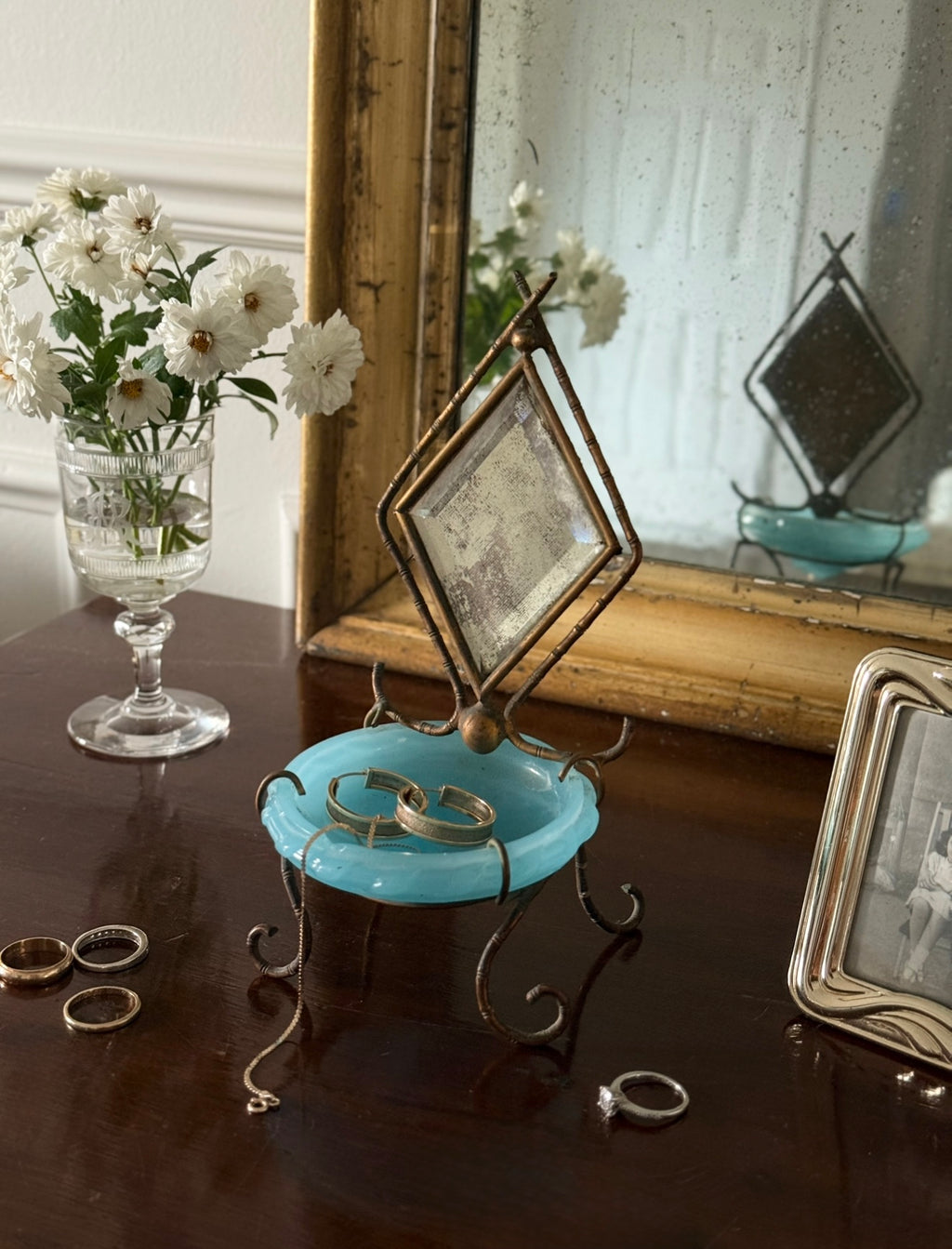 rare antique 19th century French blue opaline glass chinoiserie dressing table mirror