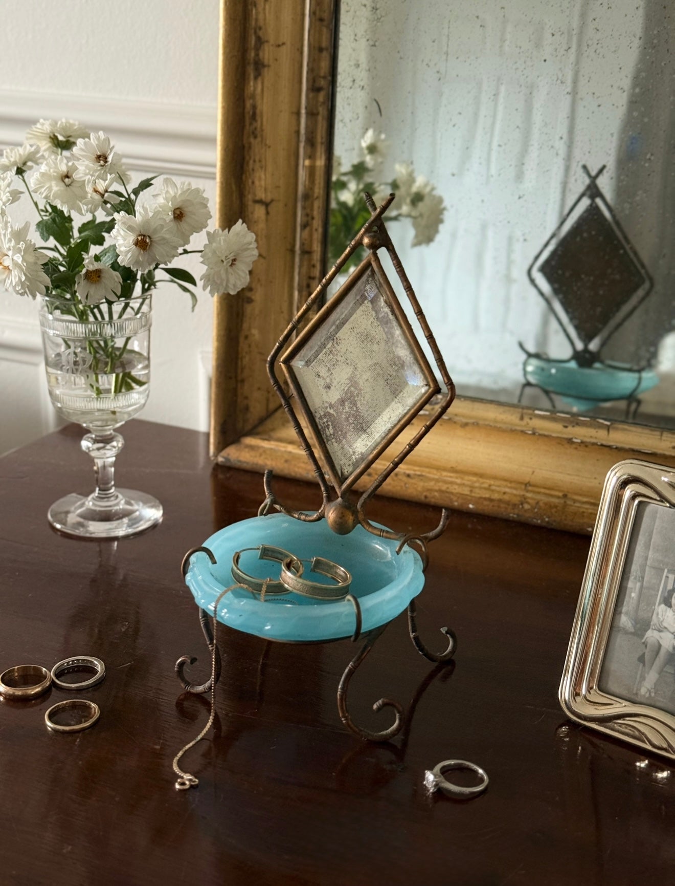 rare antique 19th century French blue opaline glass chinoiserie dressing table mirror