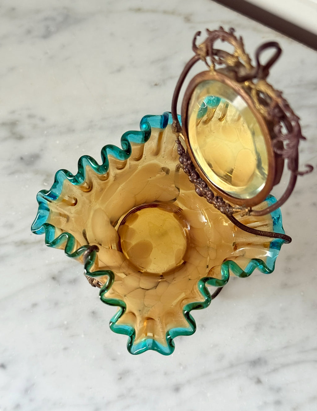 antique 19th century French brass and ruffled art glass dressing table mirror