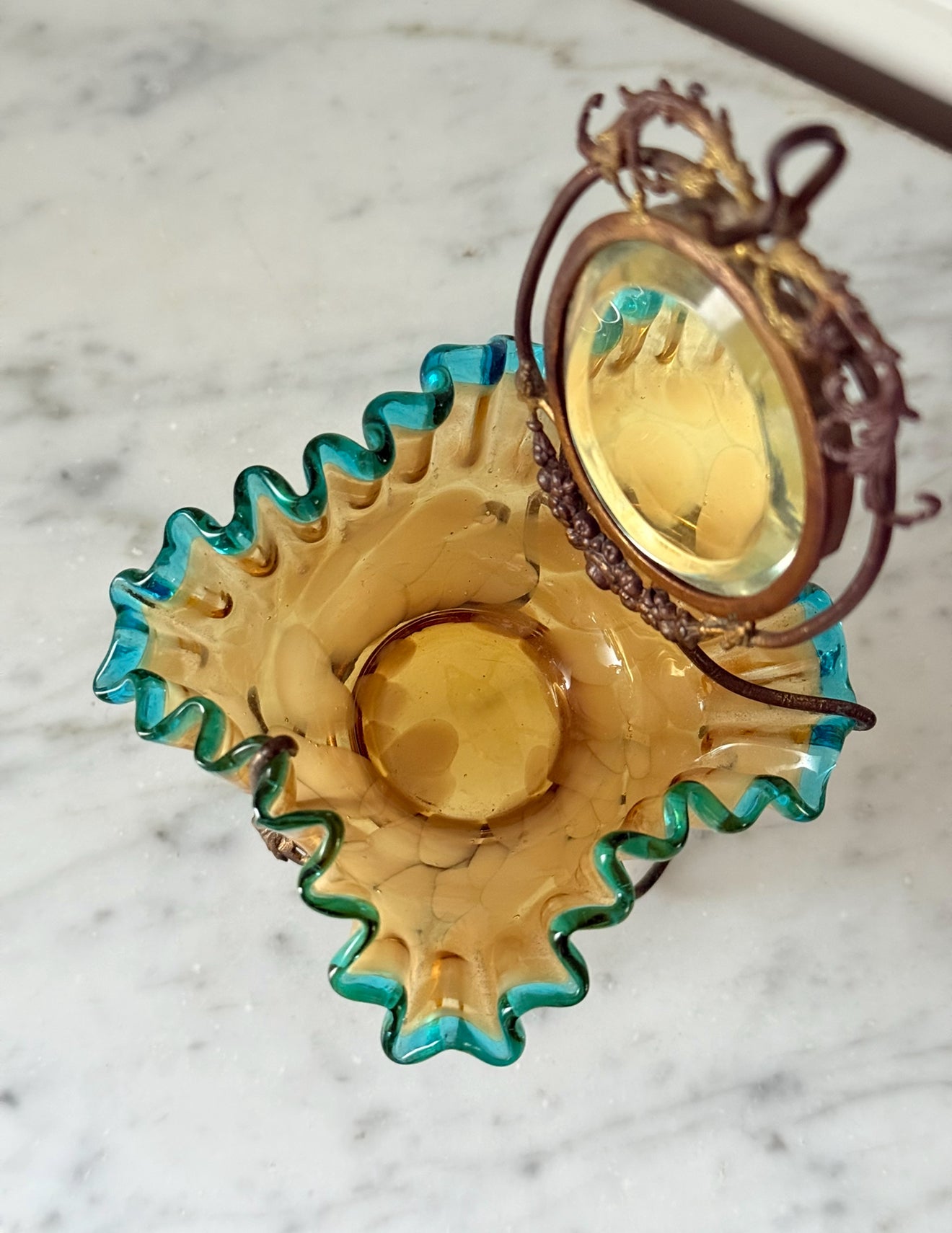 antique 19th century French brass and ruffled art glass dressing table mirror