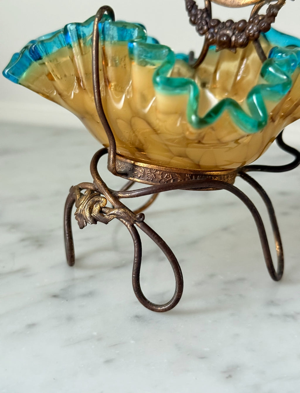 antique 19th century French brass and ruffled art glass dressing table mirror