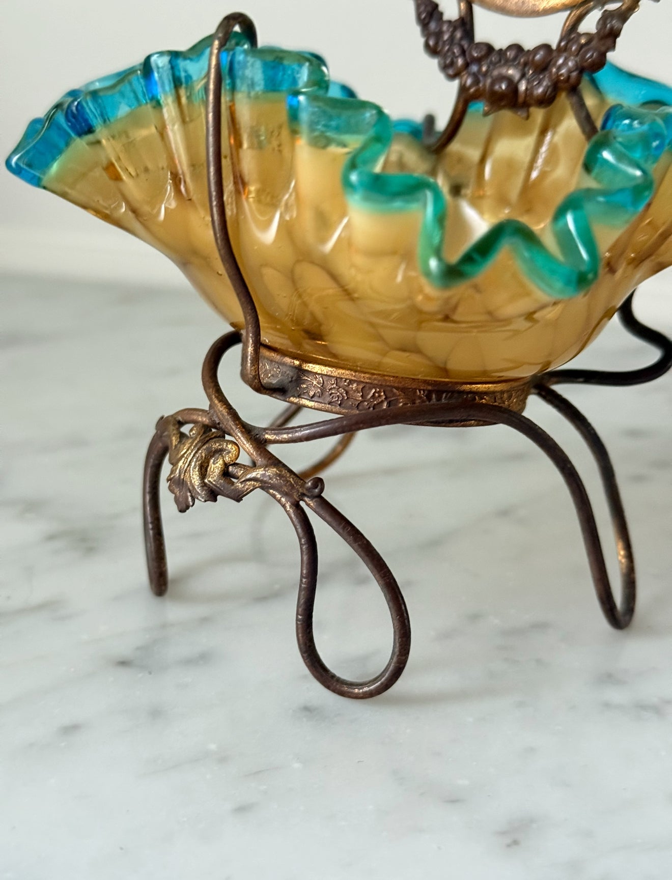 antique 19th century French brass and ruffled art glass dressing table mirror