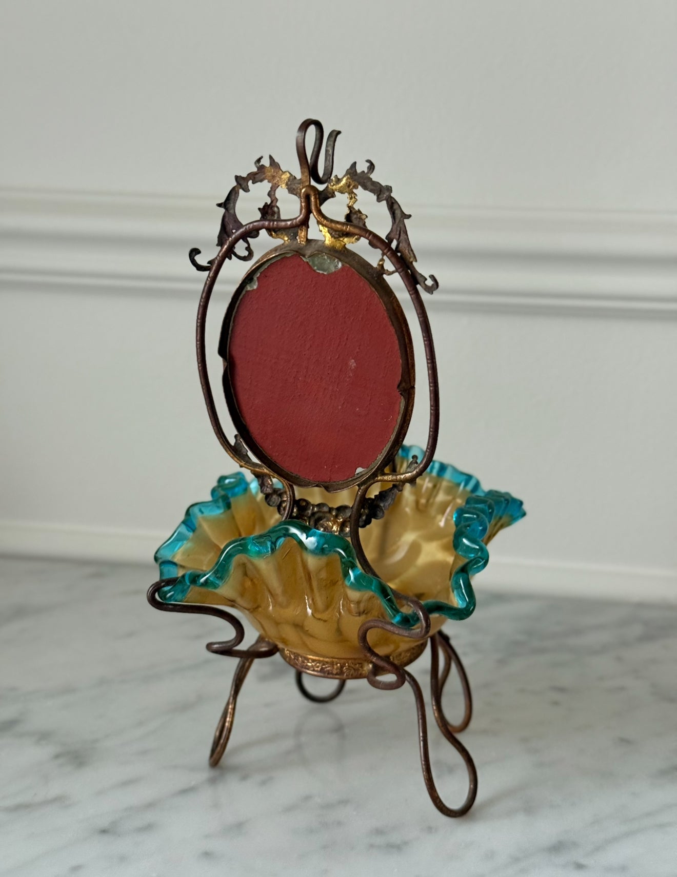 antique 19th century French brass and ruffled art glass dressing table mirror