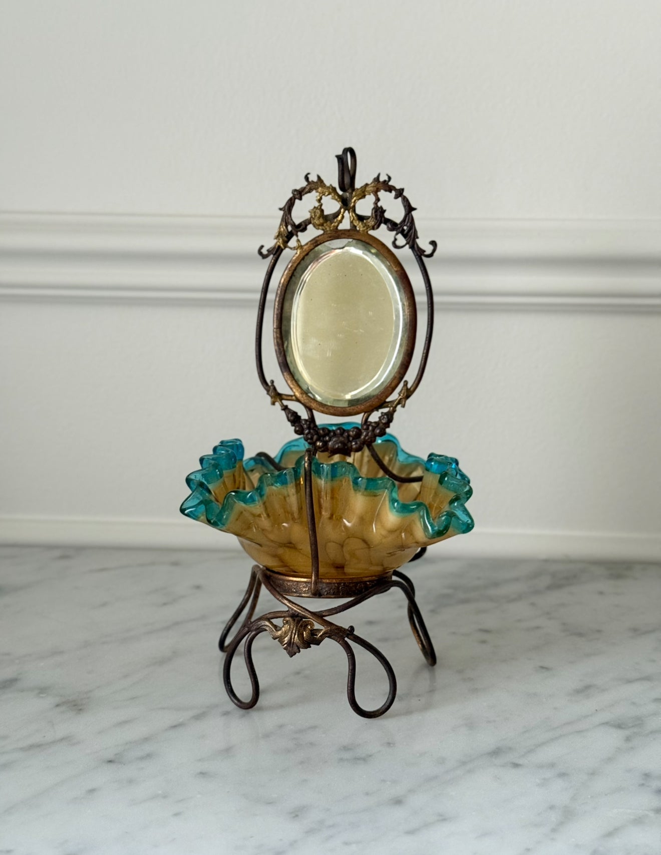 antique 19th century French brass and ruffled art glass dressing table mirror