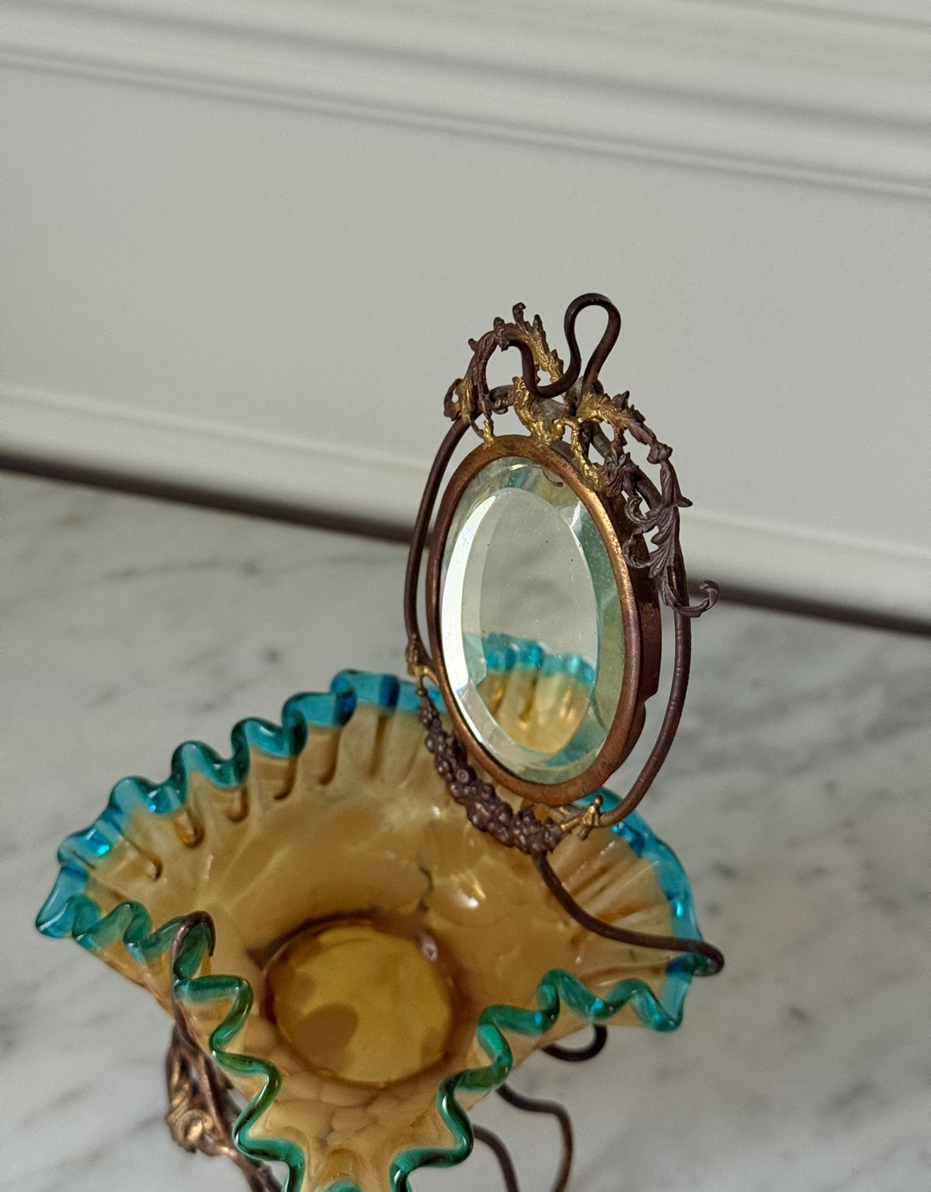 antique 19th century French brass and ruffled art glass dressing table mirror