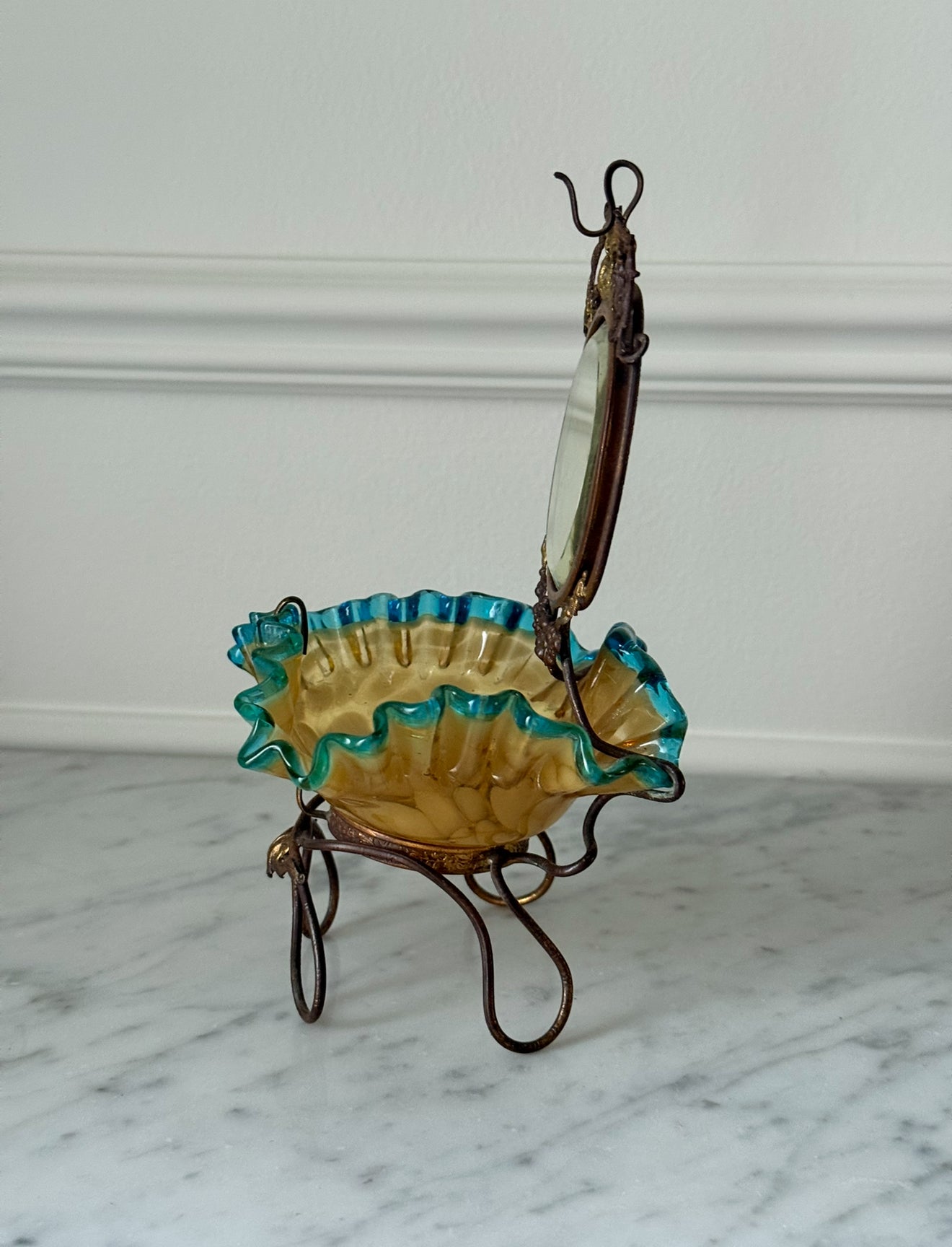 antique 19th century French brass and ruffled art glass dressing table mirror