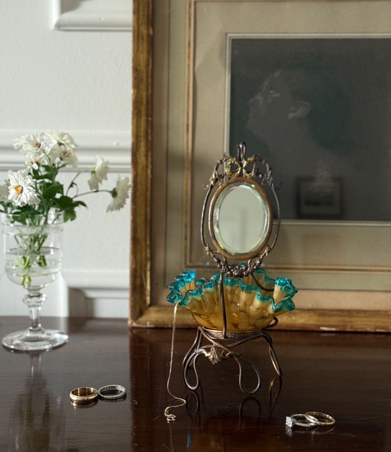 antique 19th century French brass and ruffled art glass dressing table mirror