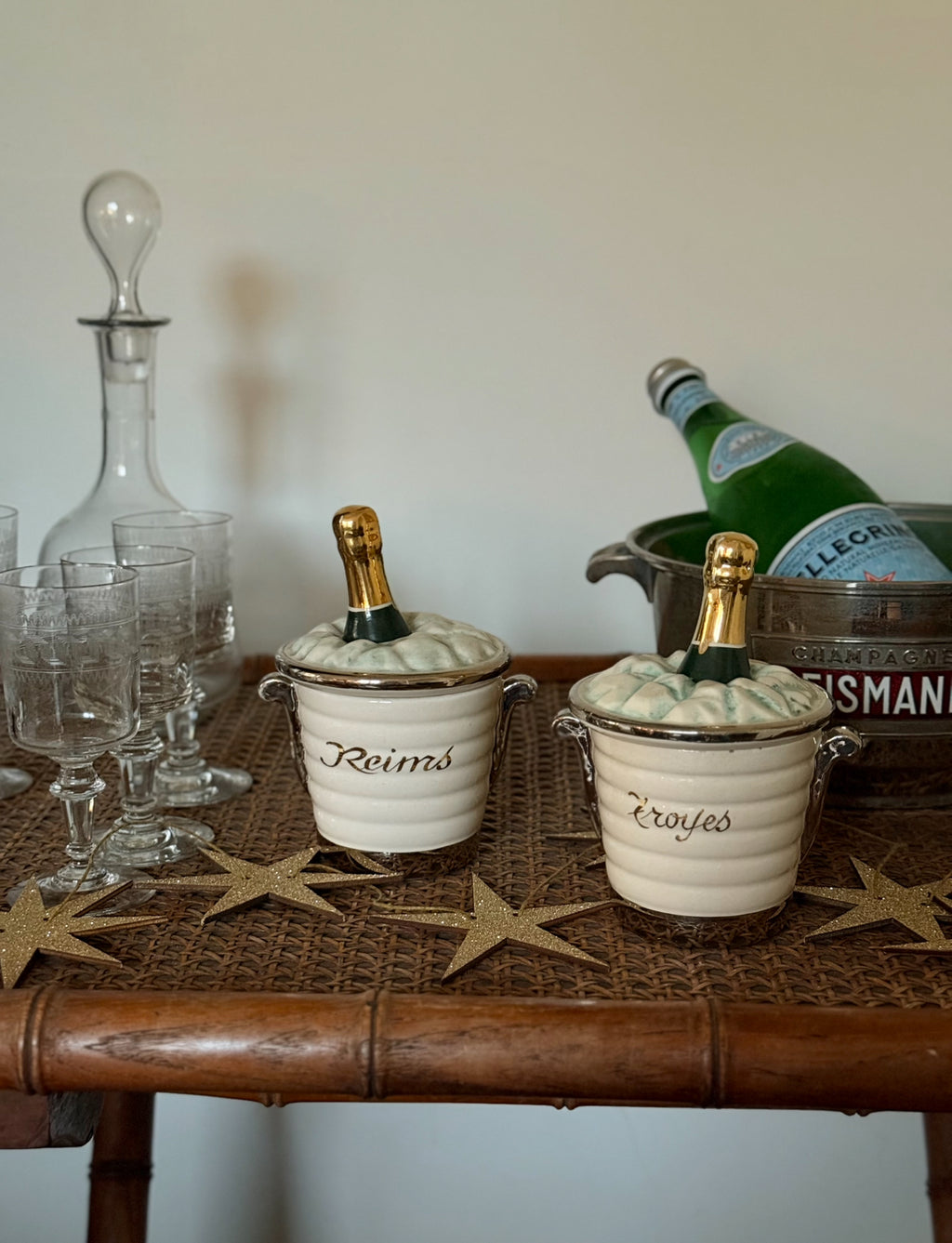 rare 1950s French porcelain souvenir "champagne bucket" condiment jar