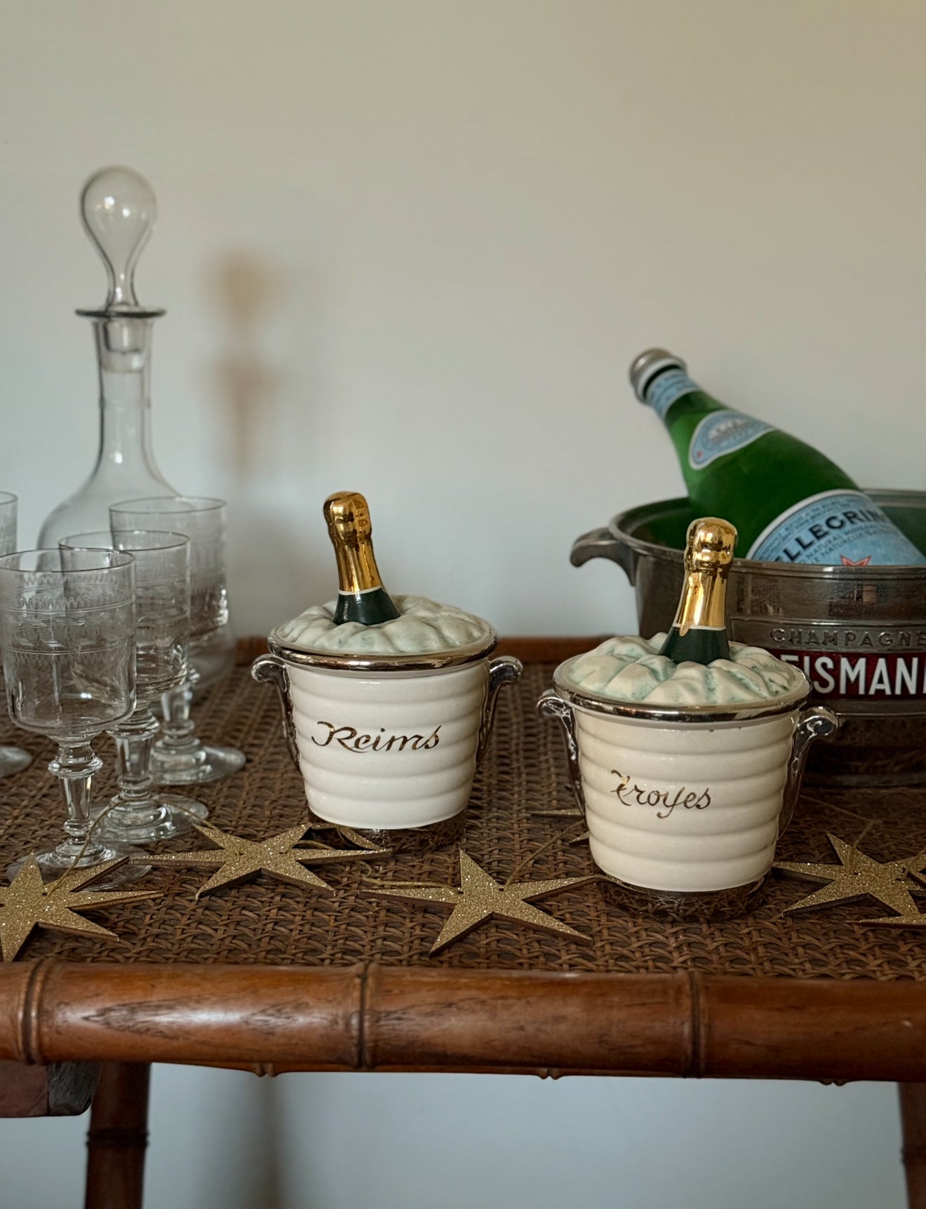 rare 1950s French porcelain souvenir "champagne bucket" condiment jar