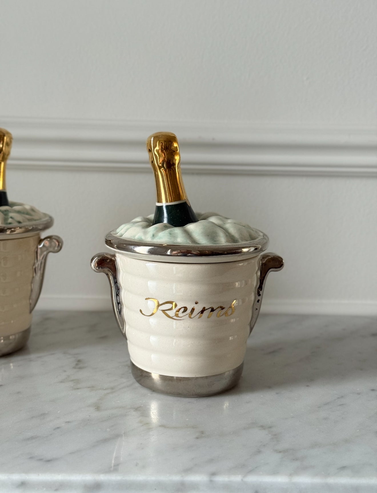 rare 1950s French porcelain souvenir "champagne bucket" condiment jar