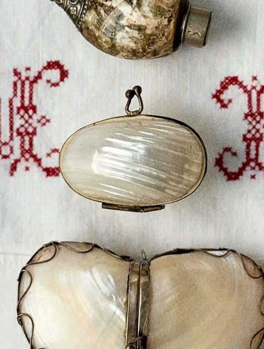 antique 19th century french mother-of-pearl & brass oval pill box