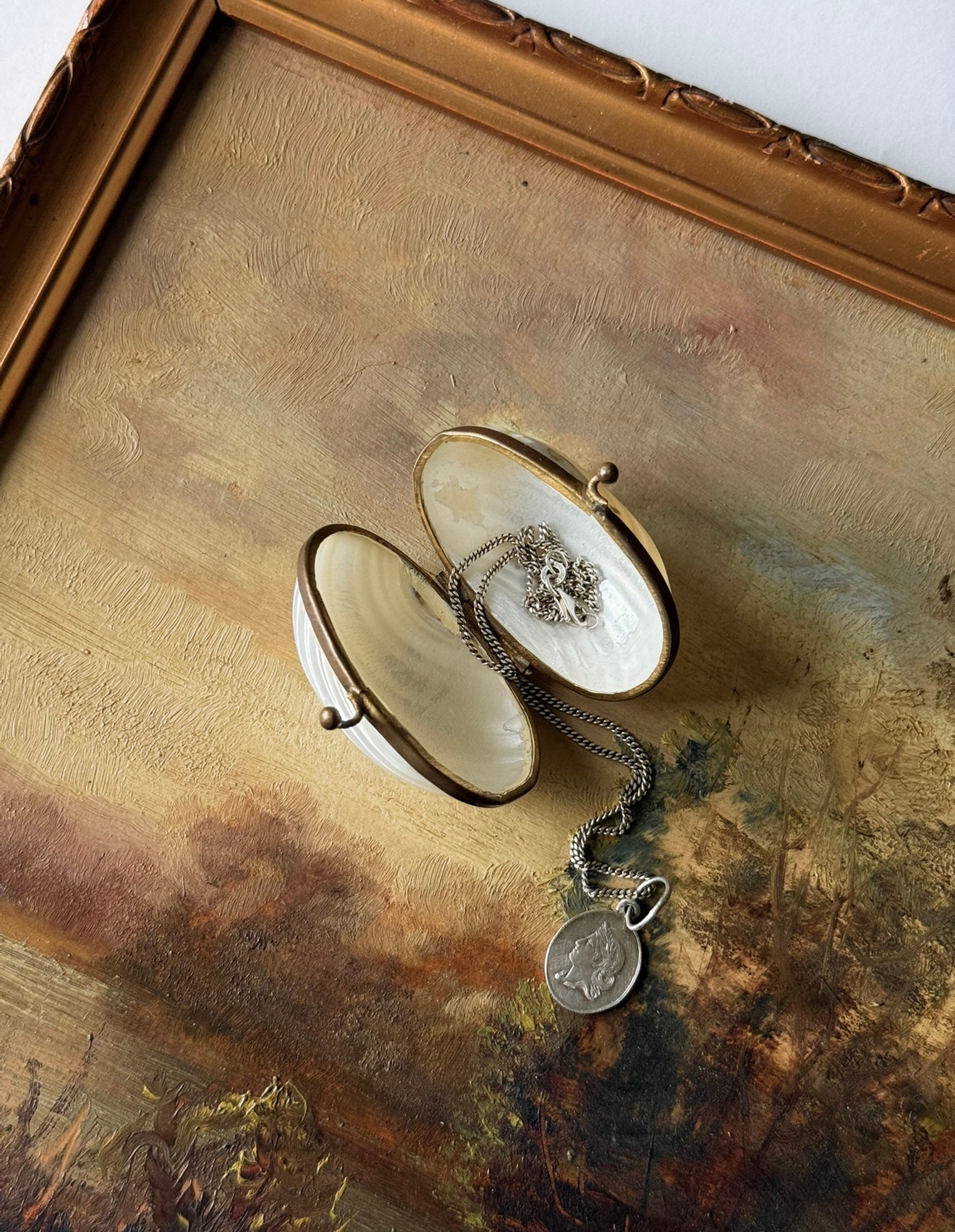 antique 19th century french mother-of-pearl & brass oval pill box