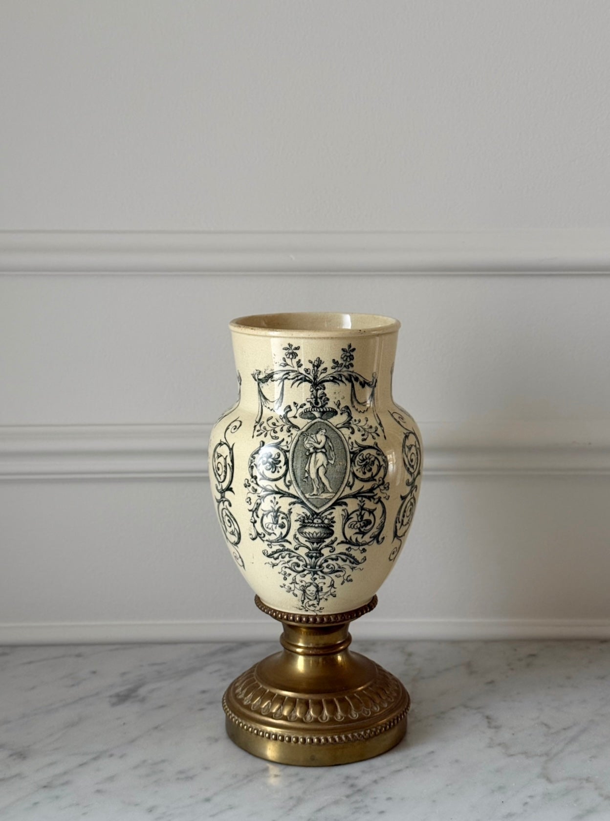 19th century French Belle Epoque neoclassical transferware and cast brass vase