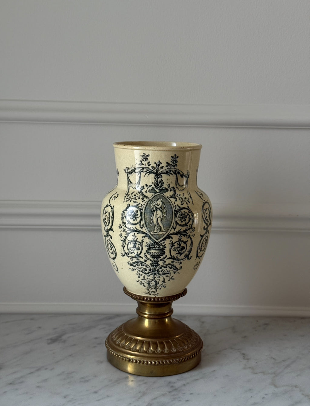 19th century French Belle Epoque neoclassical transferware and cast brass vase