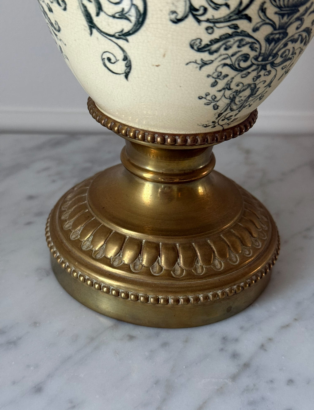 19th century French Belle Epoque neoclassical transferware and cast brass vase
