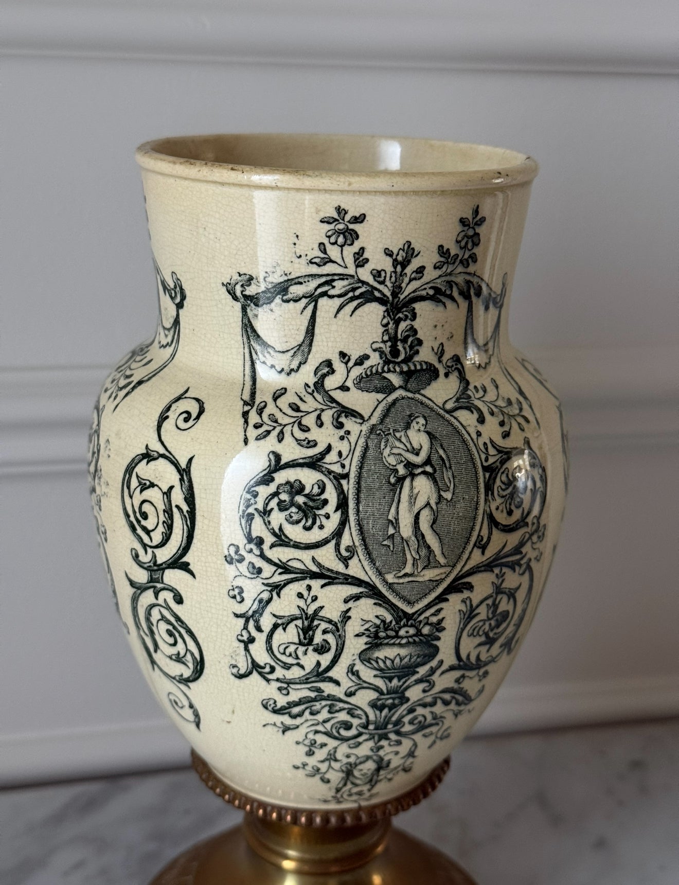 19th century French Belle Epoque neoclassical transferware and cast brass vase