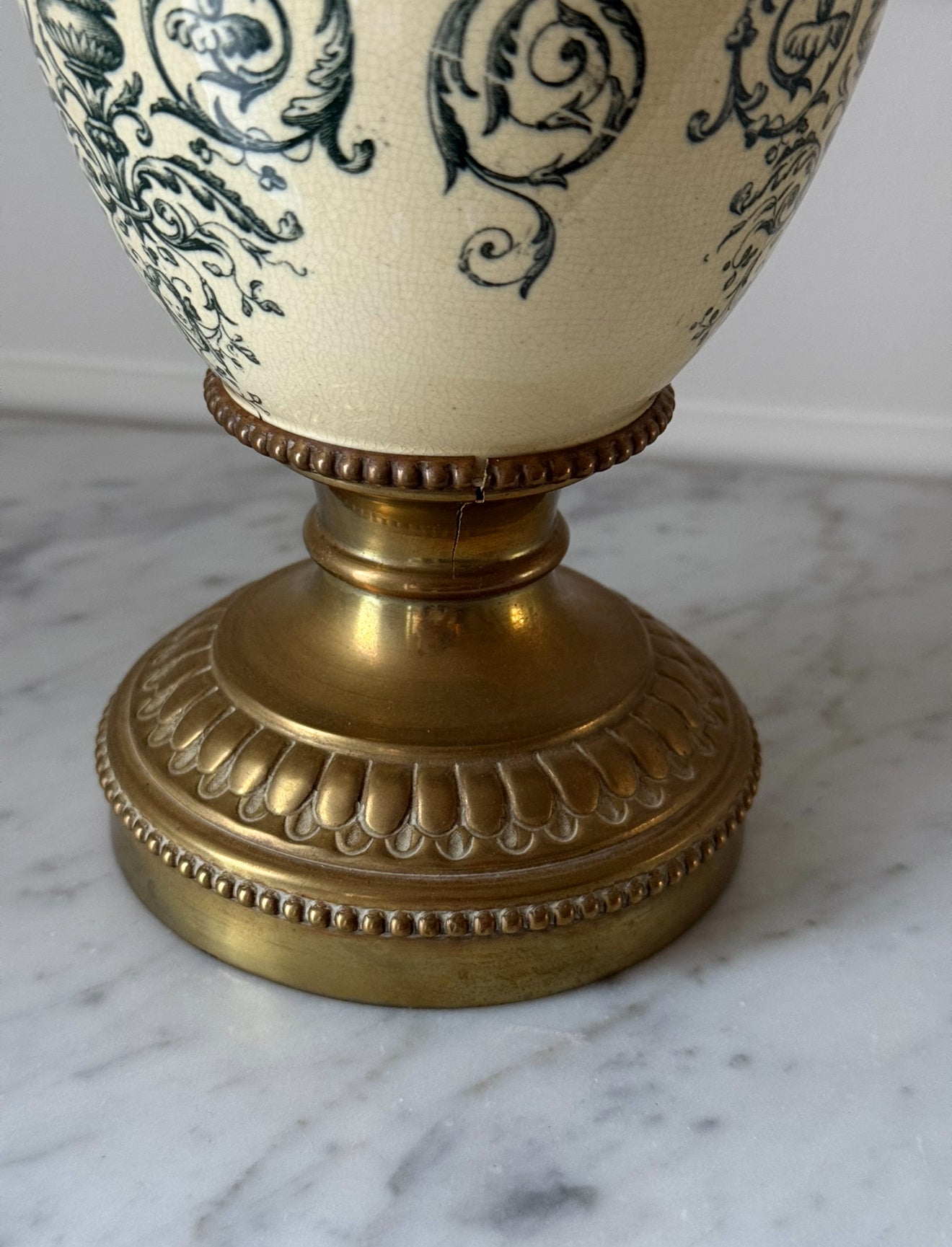 19th century French Belle Epoque neoclassical transferware and cast brass vase